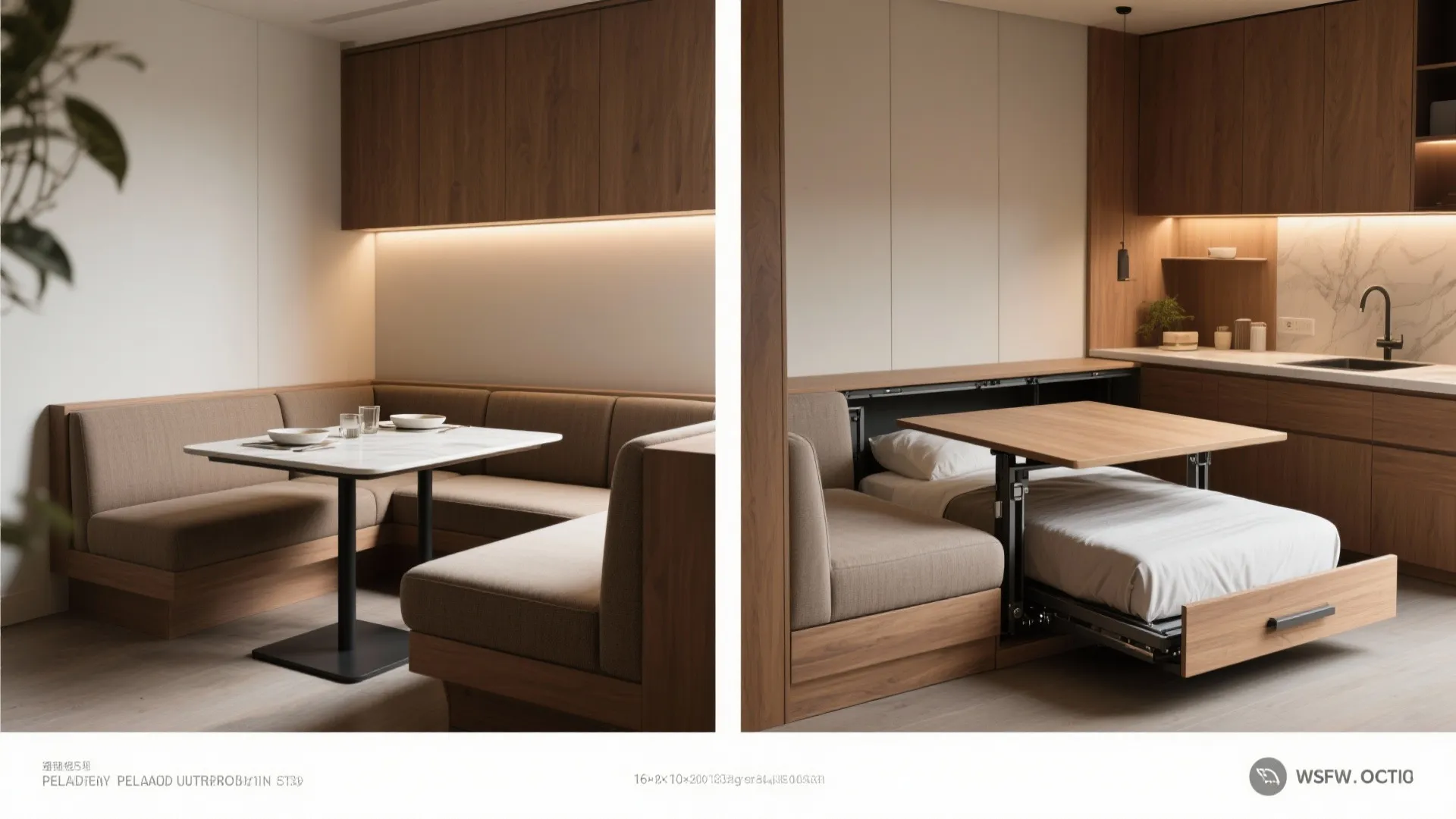 Interior design drawing showing a multifunctional dining area that transforms into a pull-out guest bed