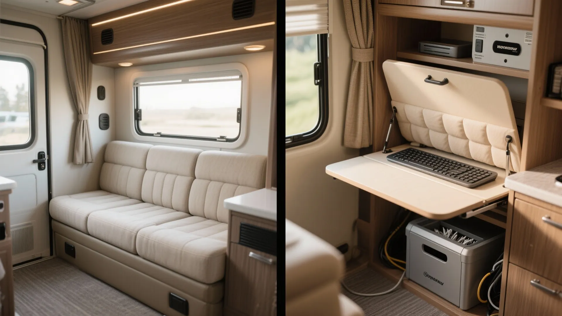 Comparison showing RV sofa transformed into a small workstation with a fold out keyboard desk