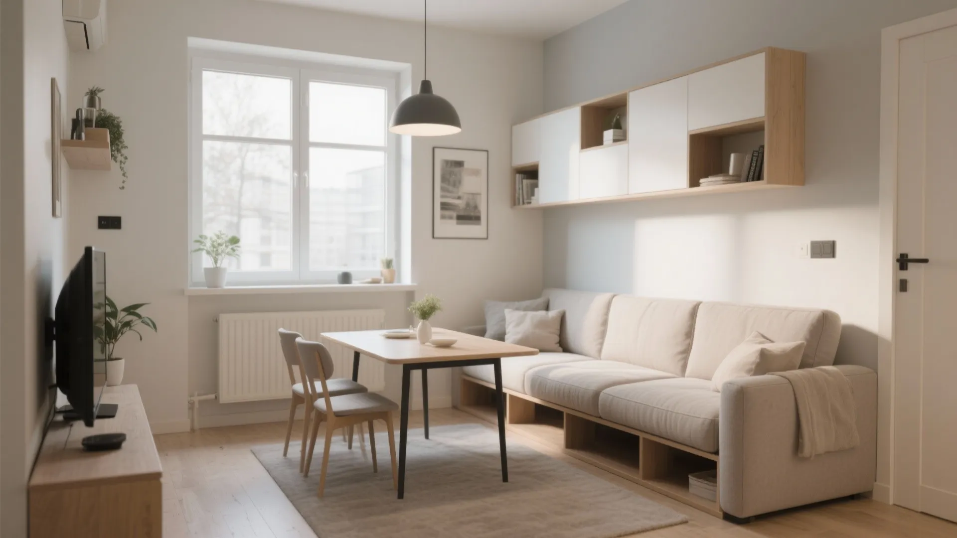 Convertible sofa dining bench in a small living area