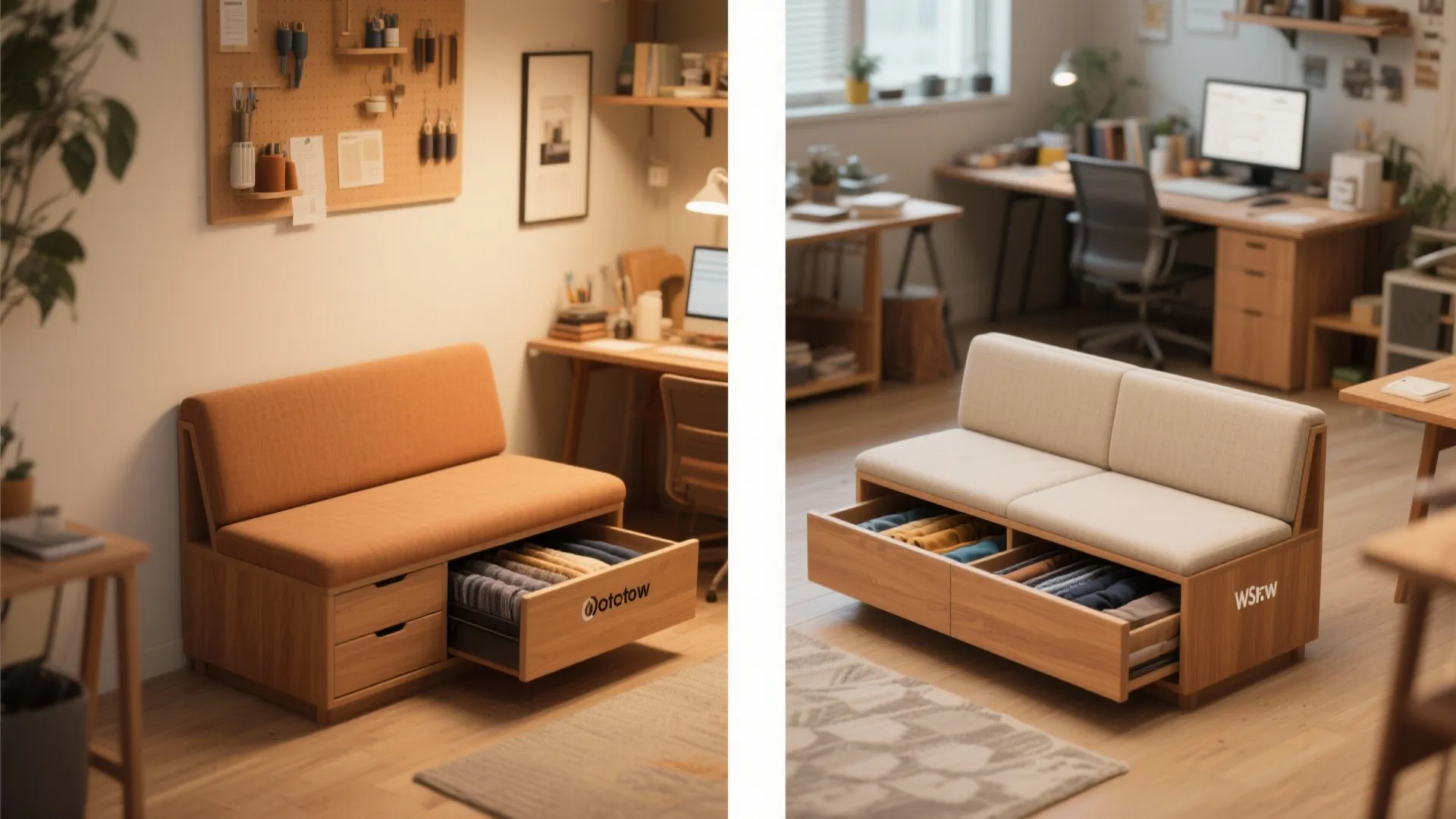 Two photos showing a wooden sofa with pull out storage drawers for clothes in a room