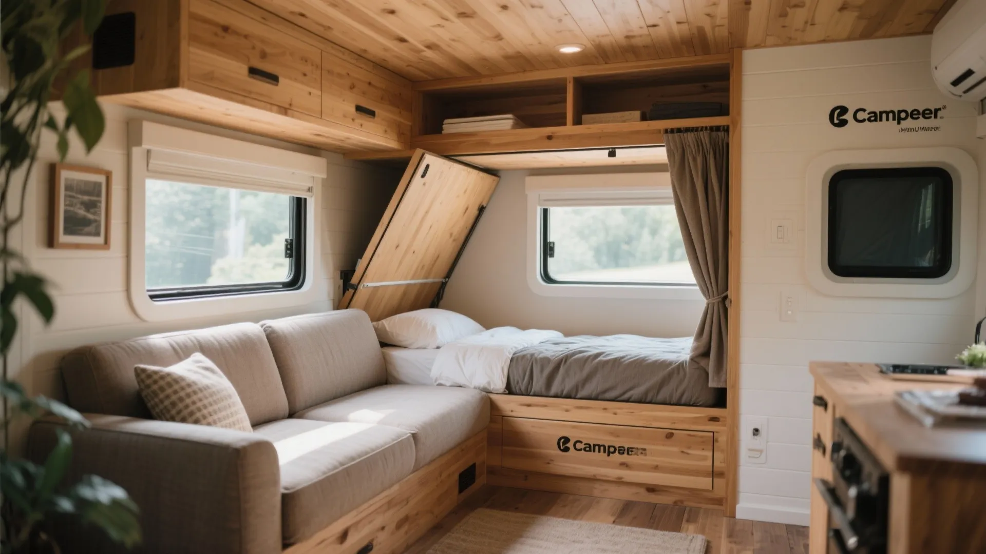 Convertible seating nook that integrates into Murphy bed layout