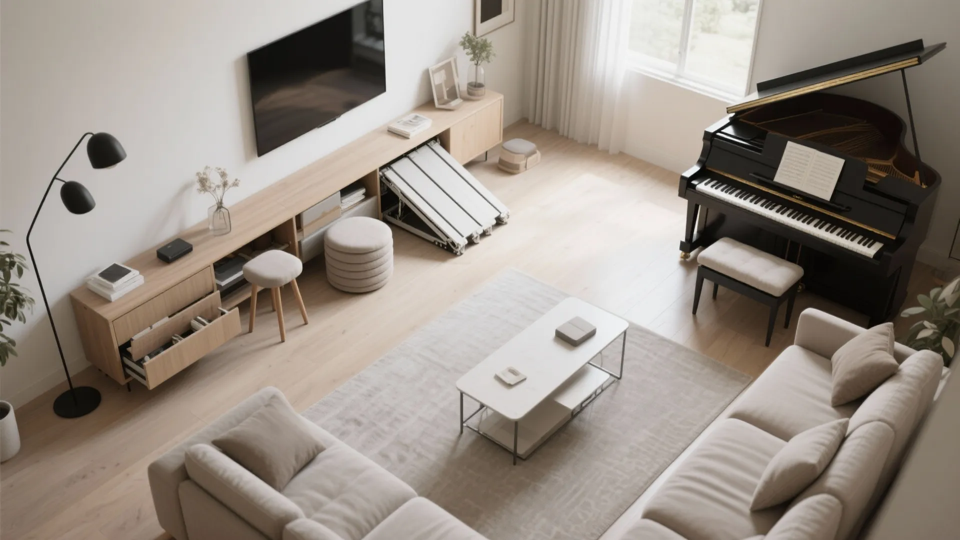 Top view interior design drawing of living room with sofa coffee table and black grand piano