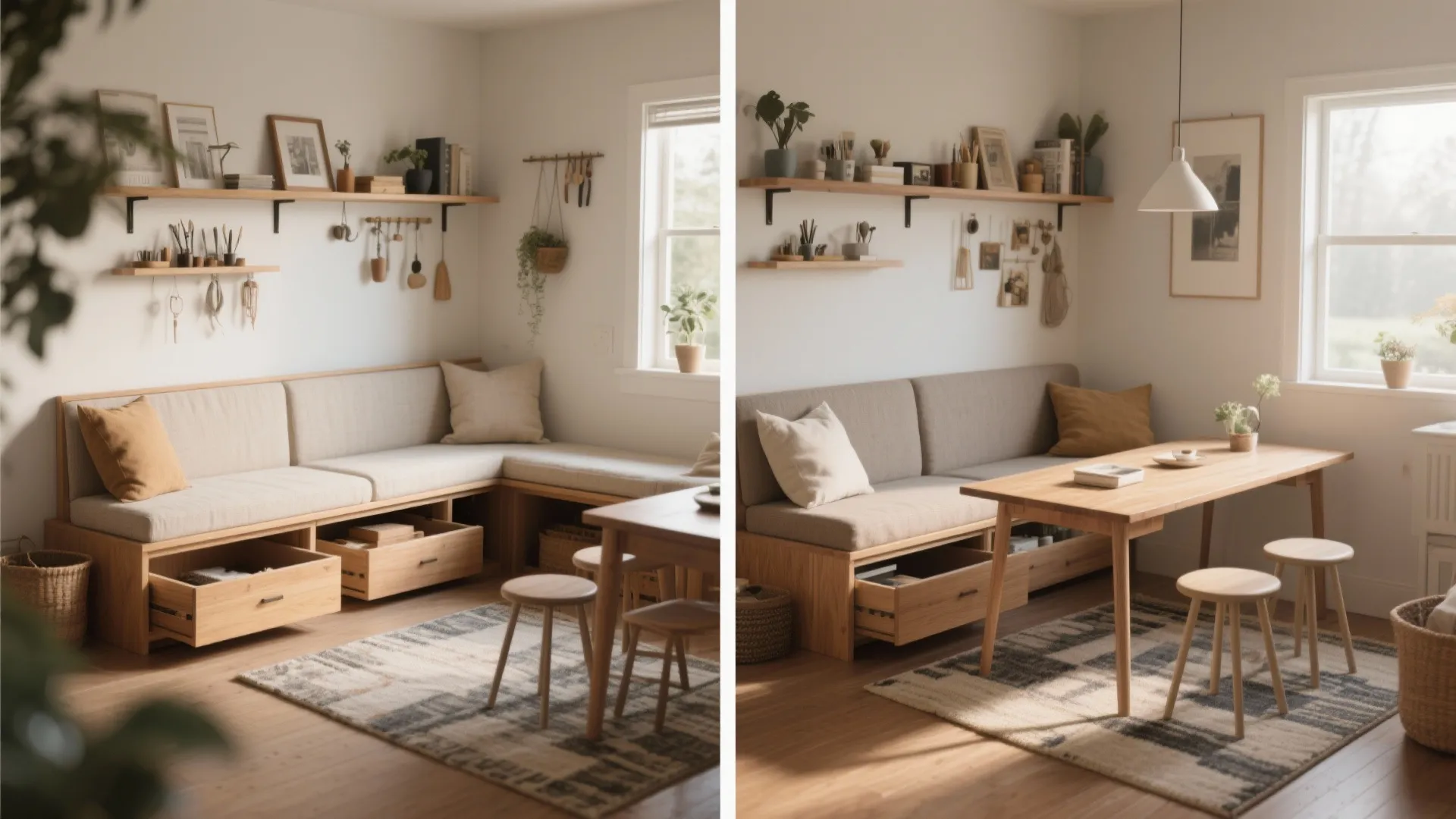 Wooden corner sofa with storage drawers next to a dining table and small wooden stools