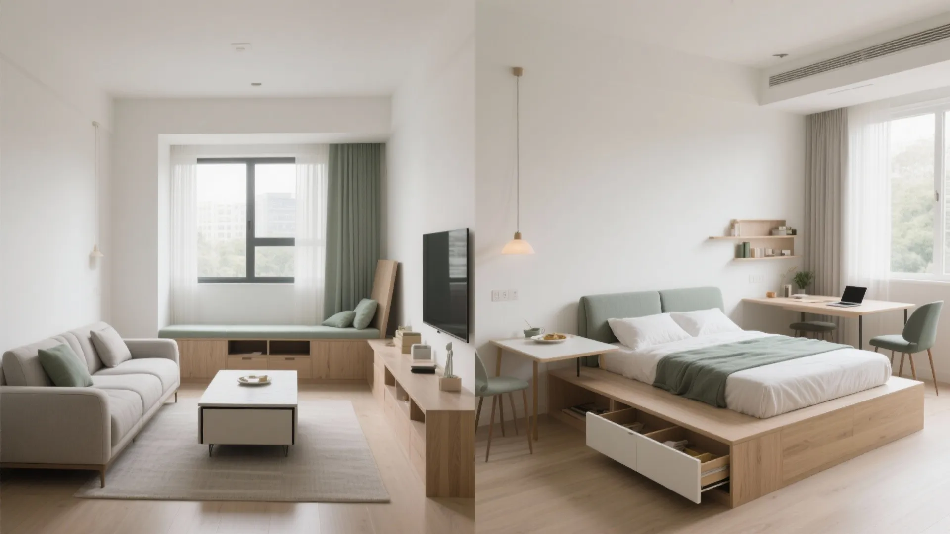 Convertible furniture: sofa bed, lift-top table, and a storage bench