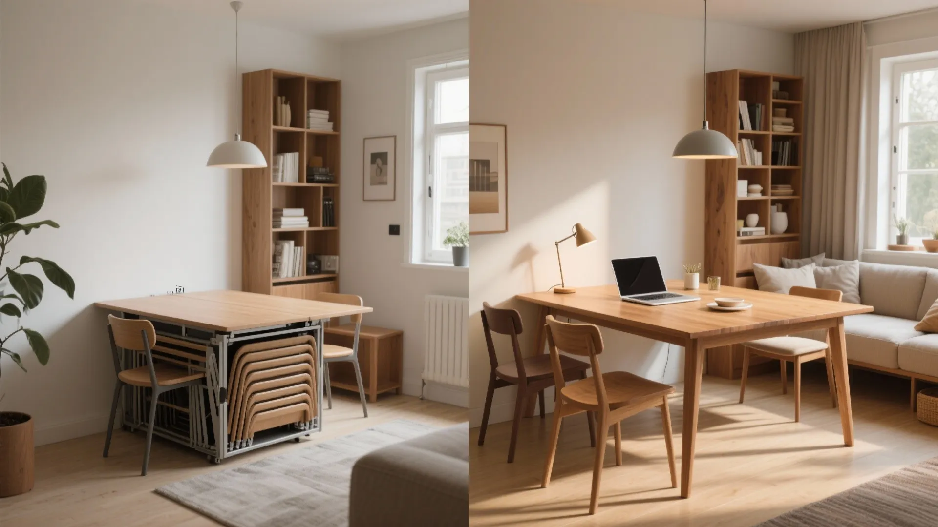 Before and after comparison of a space saving folding table and a full dining setup