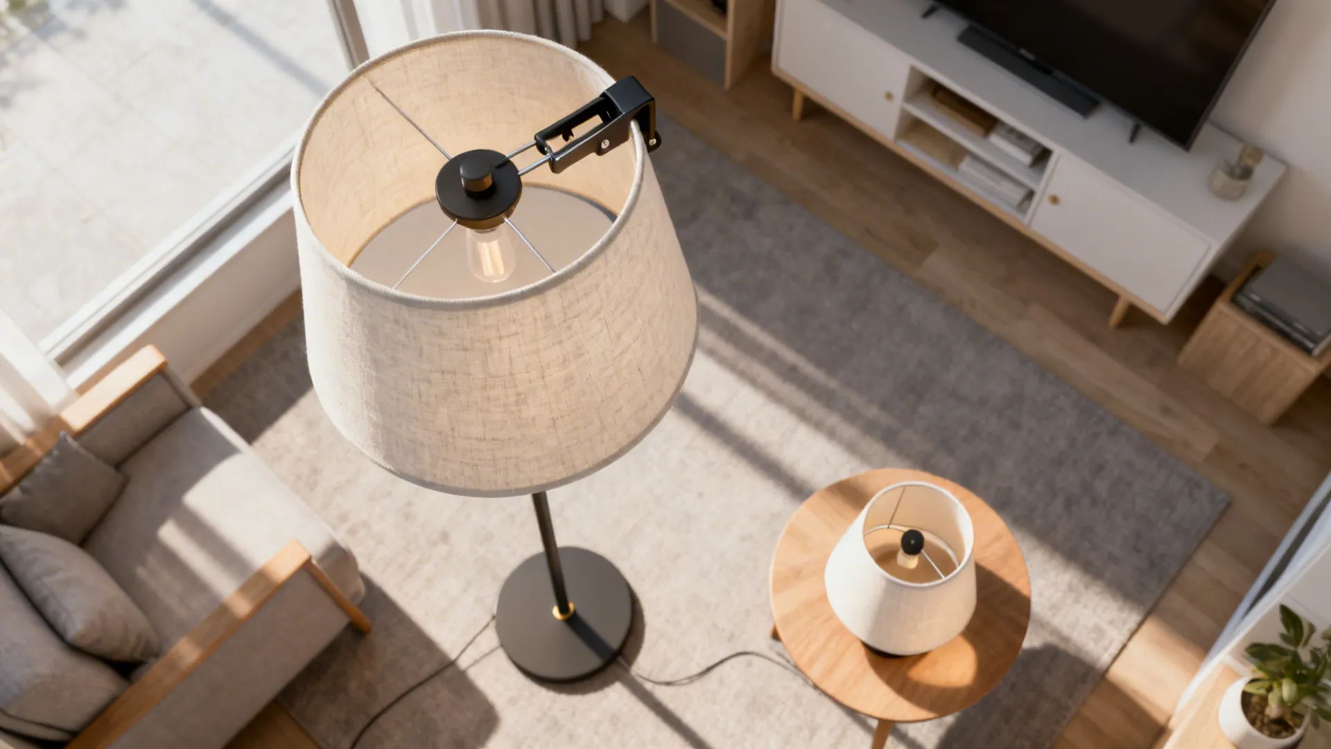 Top down view of living room layout showing floor lamp table lamp rug and cabinet