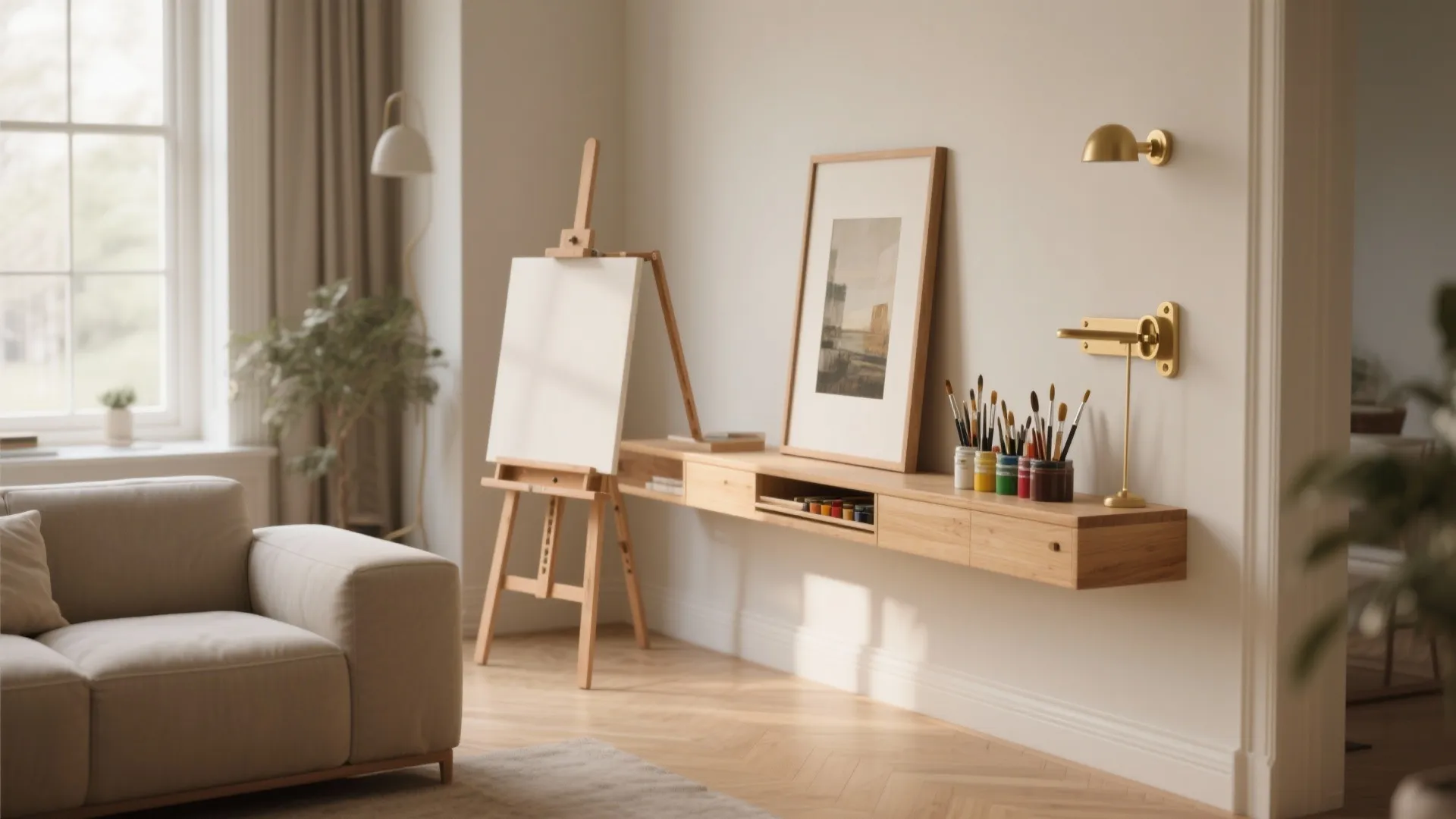 Modern studio featuring wooden easel white canvas floating cabinet brushes gold wall lights and beige sofa