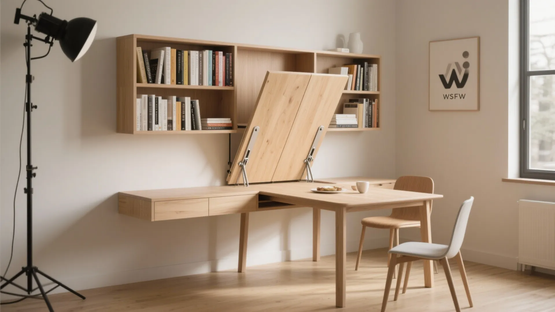 Multi functional wood table with folding top wall cabinets books floor lamp and two chairs