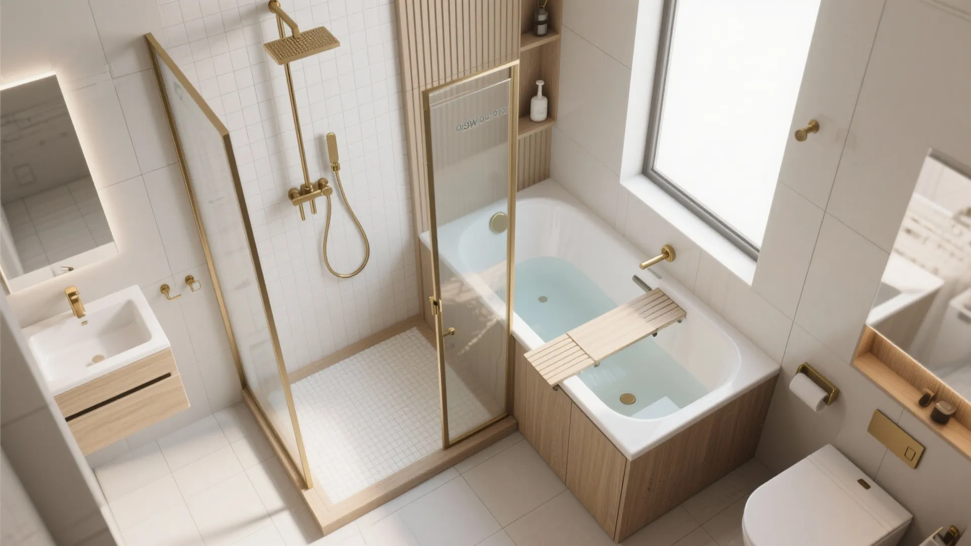 Top view of a modern bathroom with gold shower fixtures and wood panel bathtub design