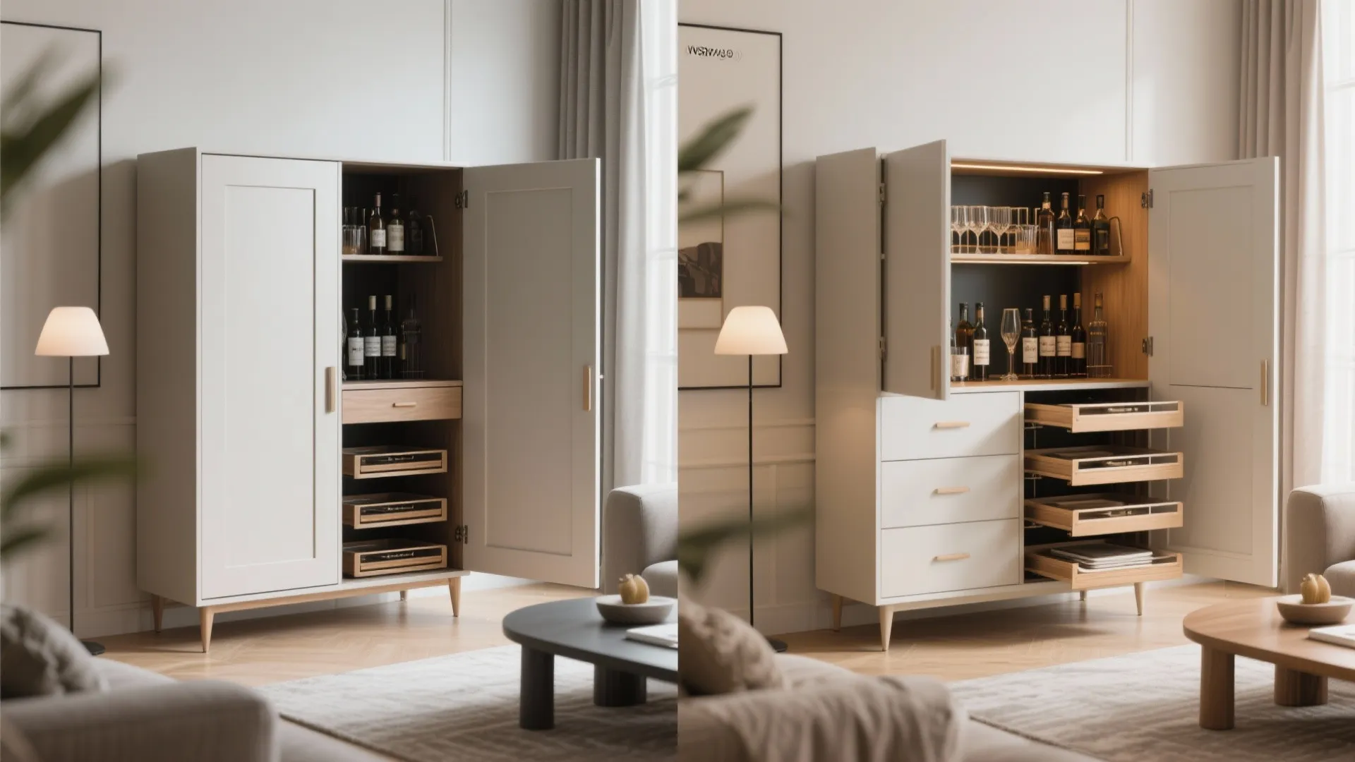 Convertible sideboard showing hidden bar function when opened