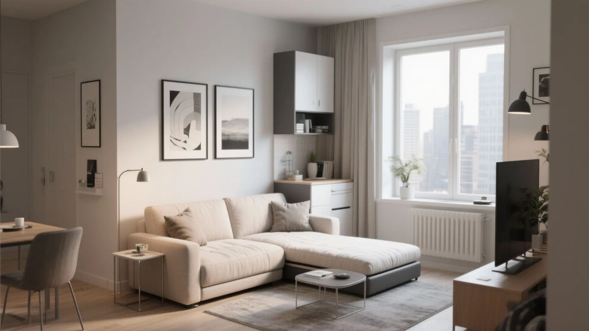 Modern apartment interior with beige sofa grey rug black framed wall art and city view