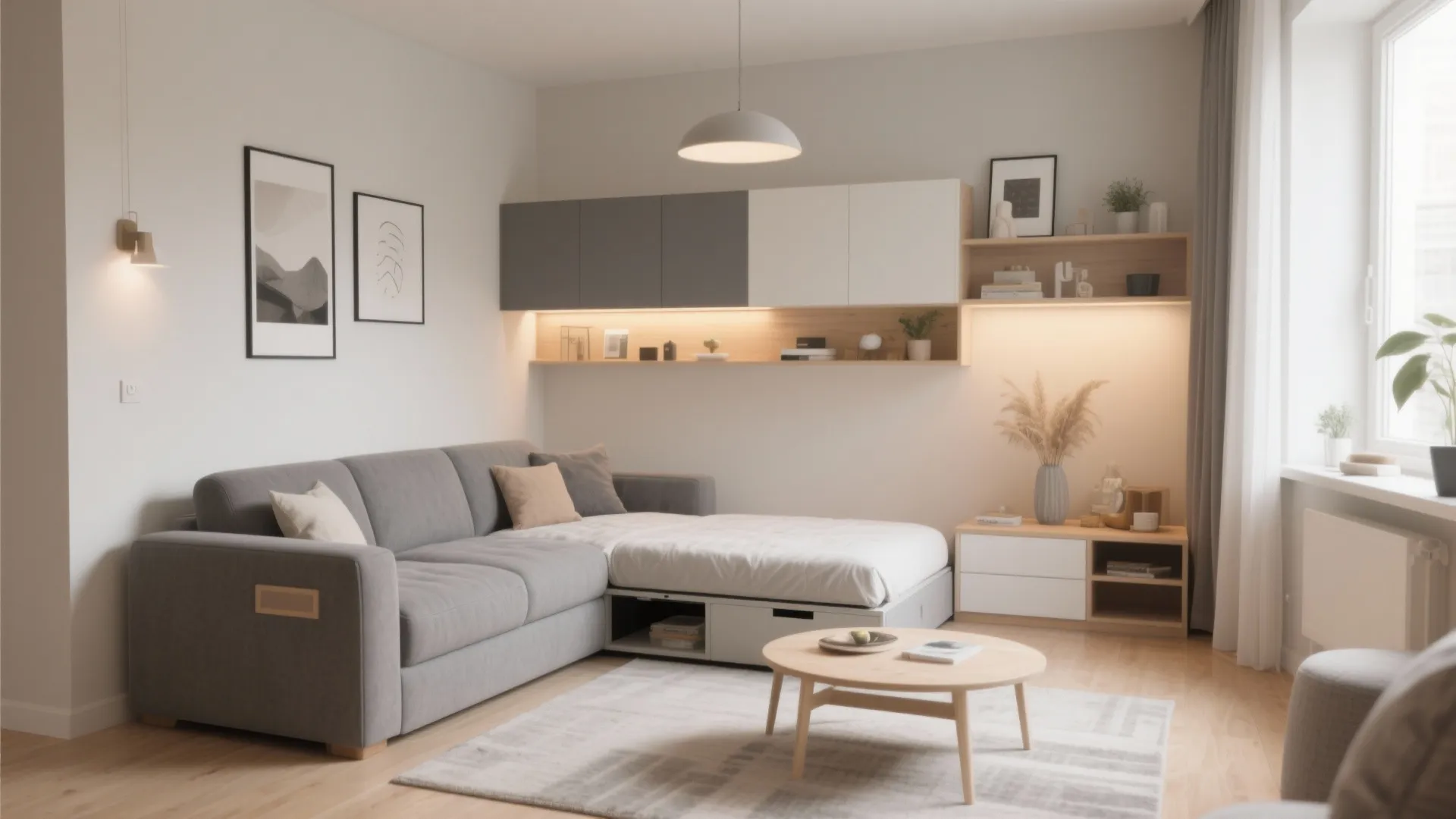 Modern grey sectional sofa bed in a small living room with wall cabinets and lighting