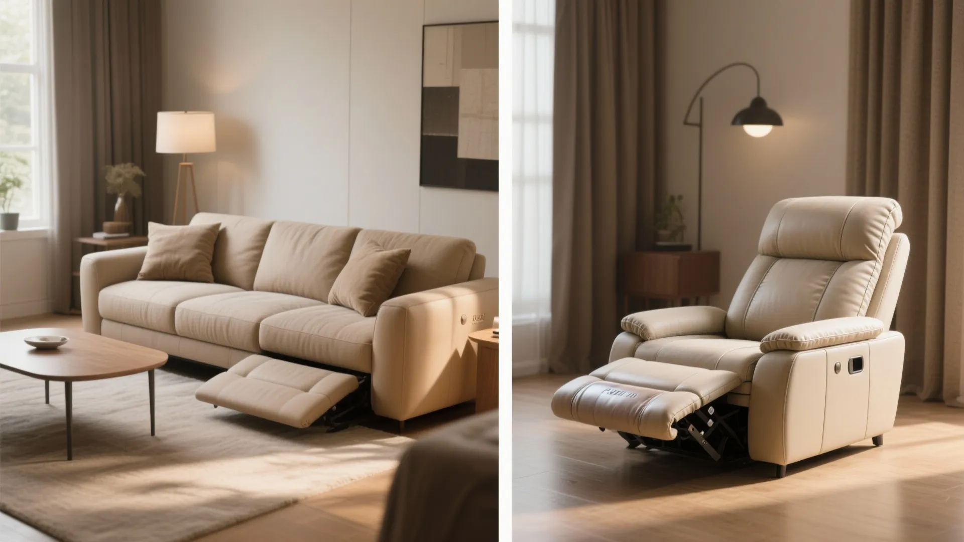 Modern cream sofa and recliner chair with footrest beside floor lamp in warm living room