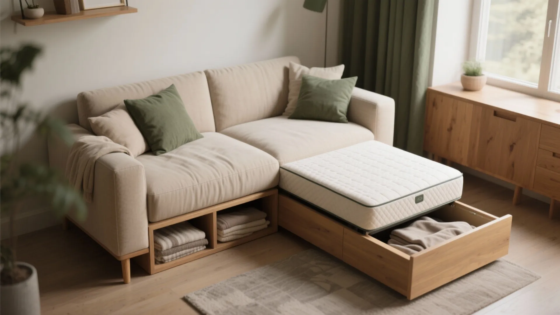 Beige sofa with wooden base featuring pull out storage drawer and built in bed mattress