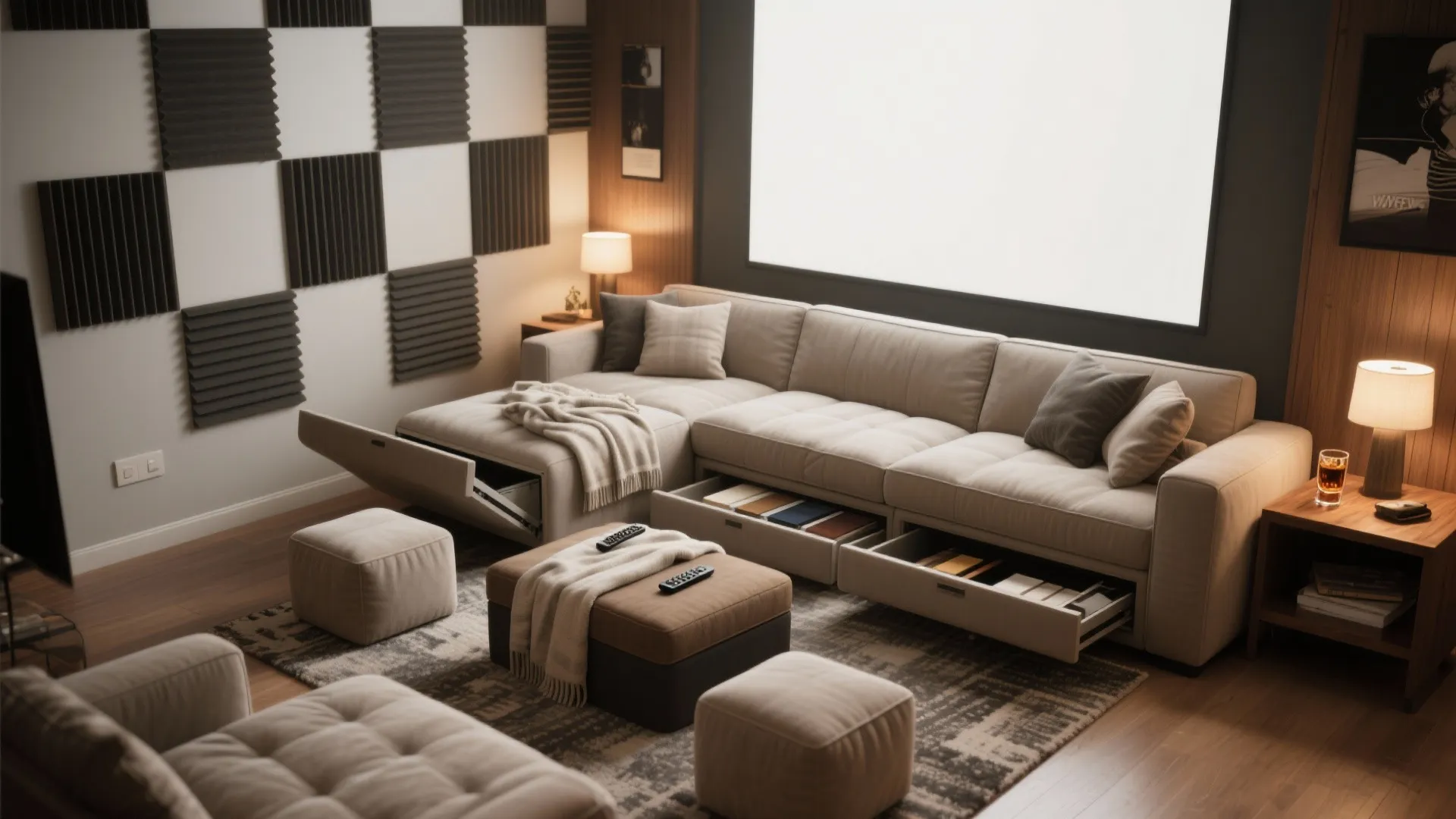 Modern home theater room with beige sofa featuring storage drawers and warm wall light fixtures