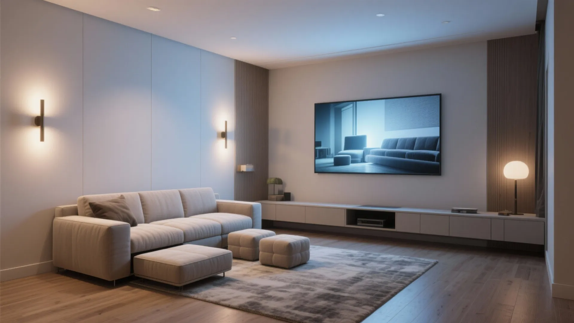 Minimalist living room with beige sofa two footrests television and two warm glowing wall lights