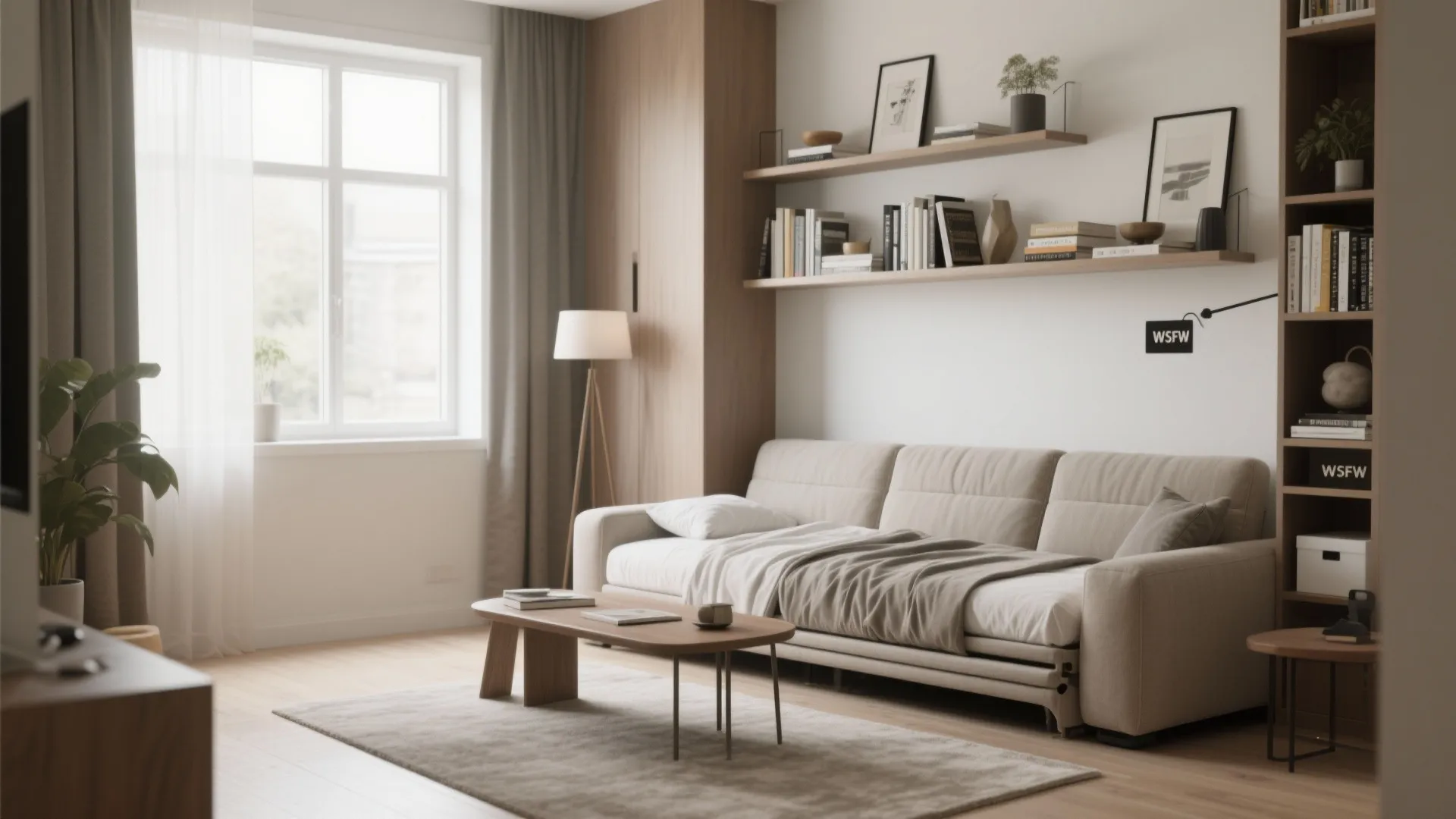 5. Convertible Sofa + Side Table + Floating Shelves