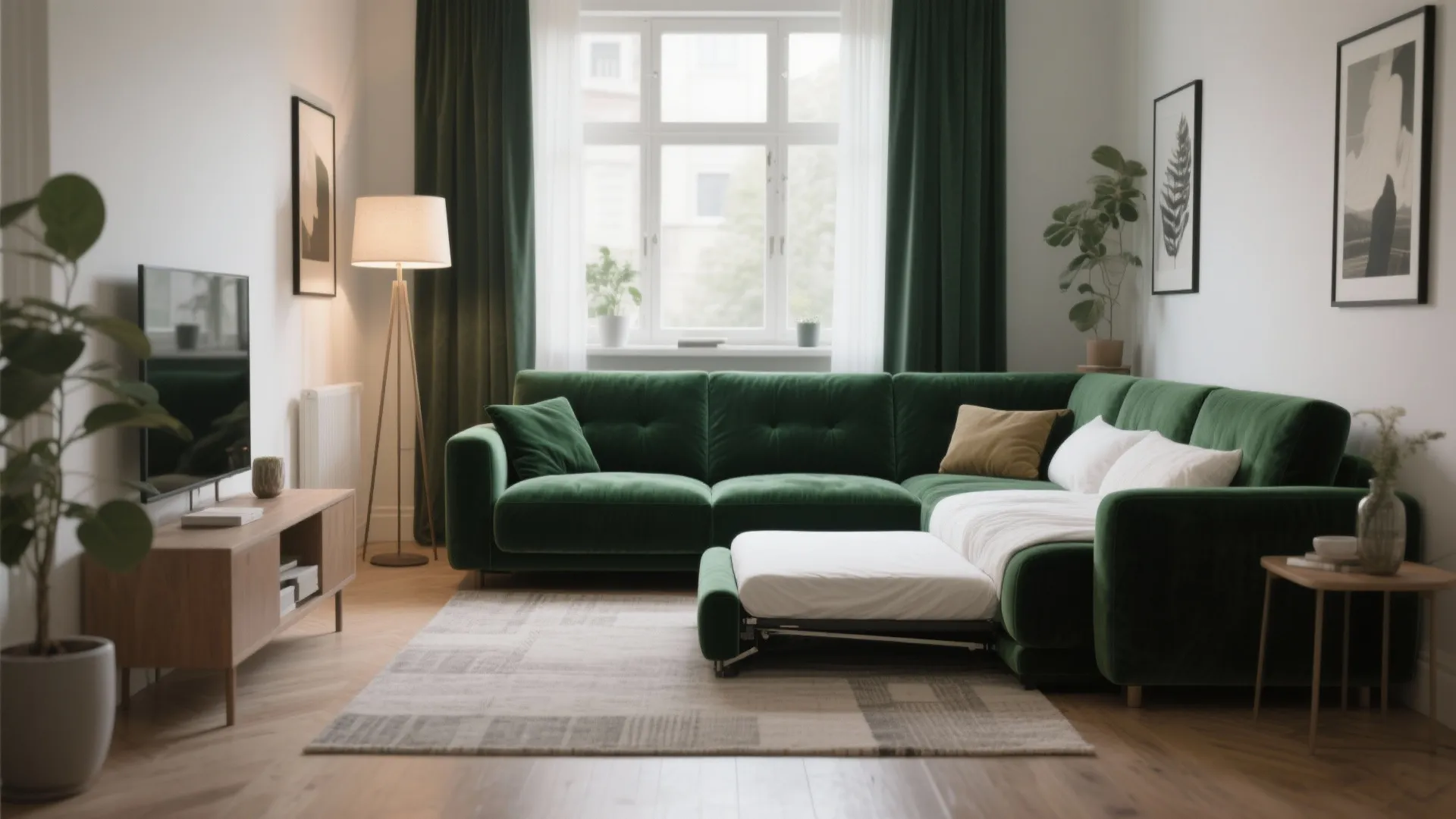 Velvet convertible sofa bed in a cozy small living room