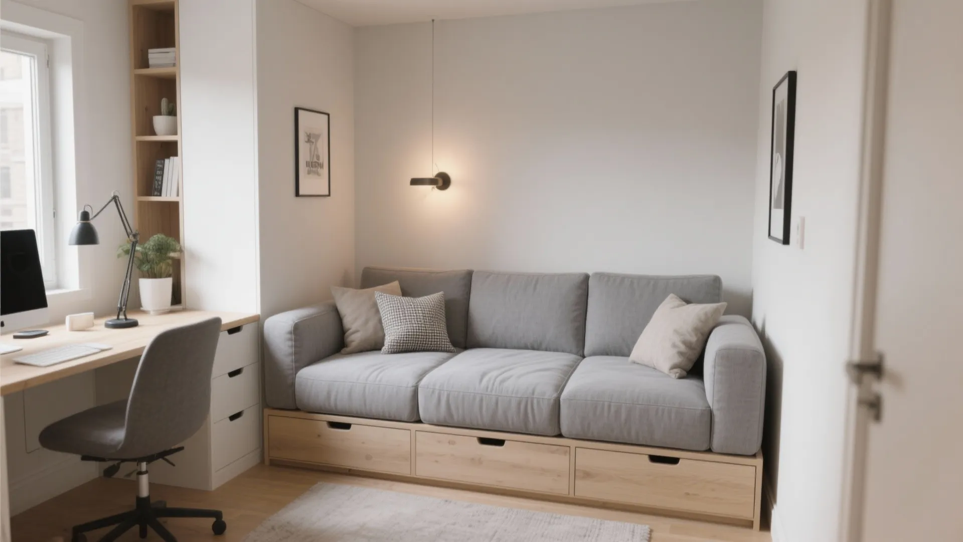 Small room featuring a grey sofa with wooden storage drawers underneath and a modern desk