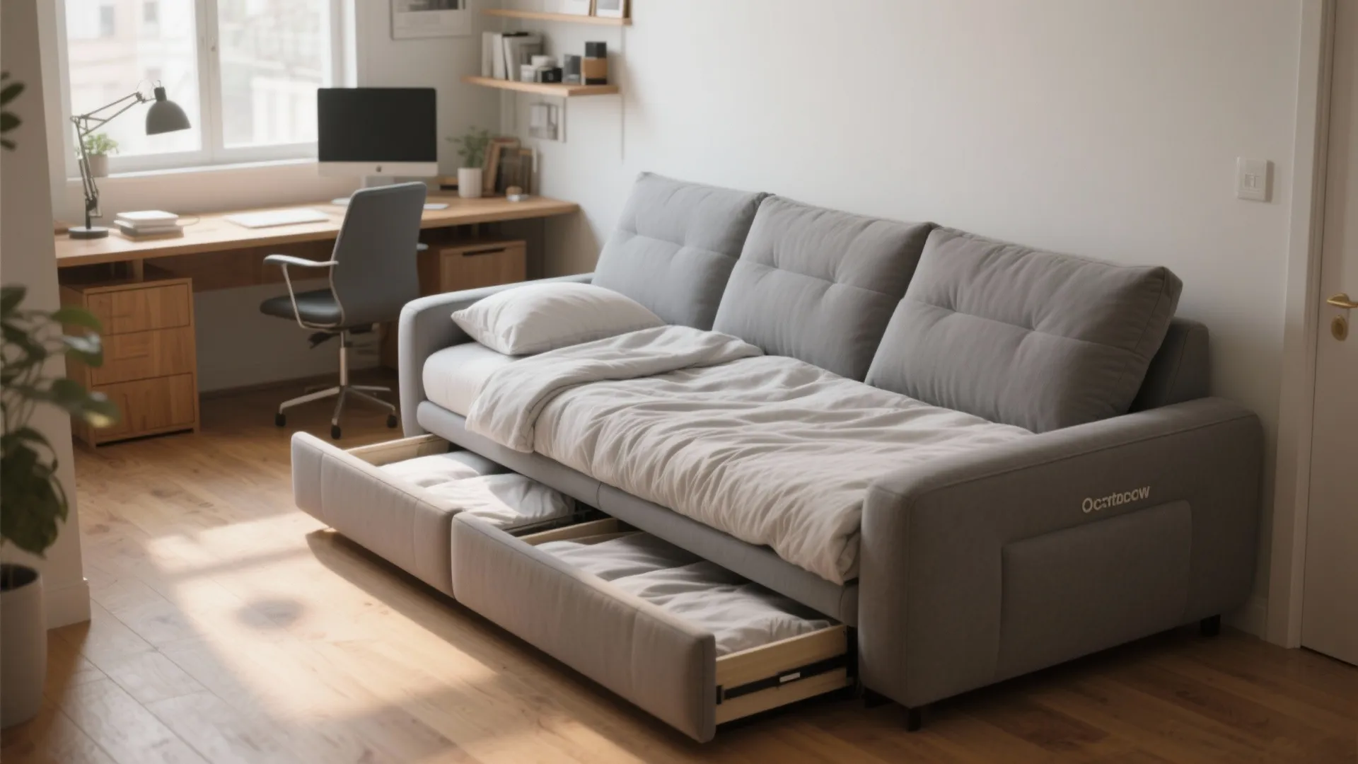 Grey sofa bed with pull-out storage drawers in a modern room with desk and chair