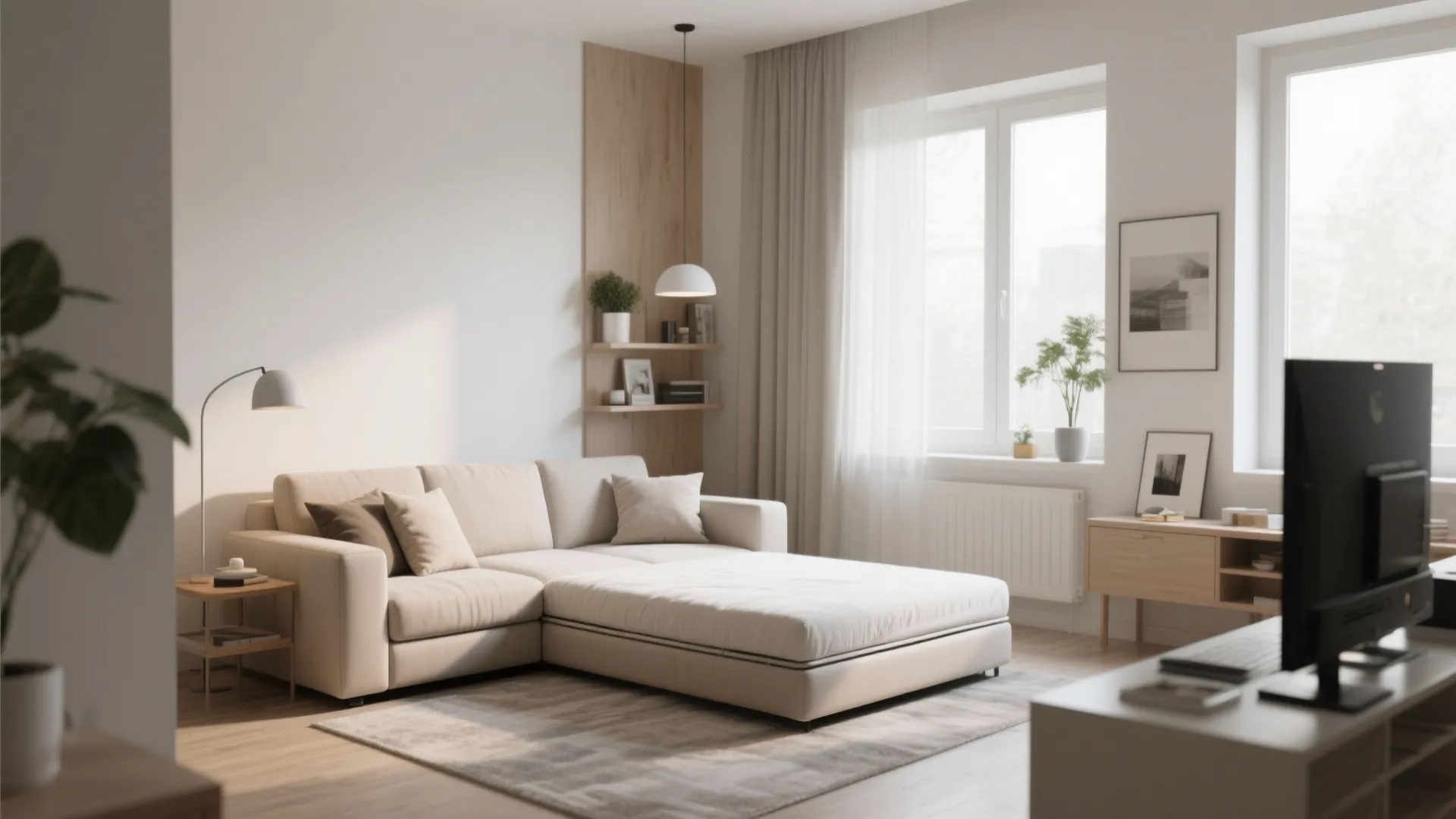 Modern living room with beige sofa, white ceiling light, wooden wall shelf, and natural sunlight