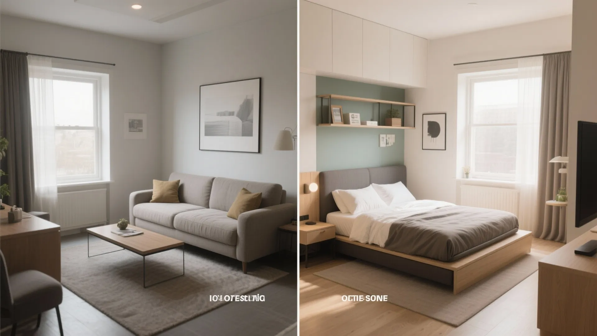 Side by side comparison of a grey sofa and a bed in a small room