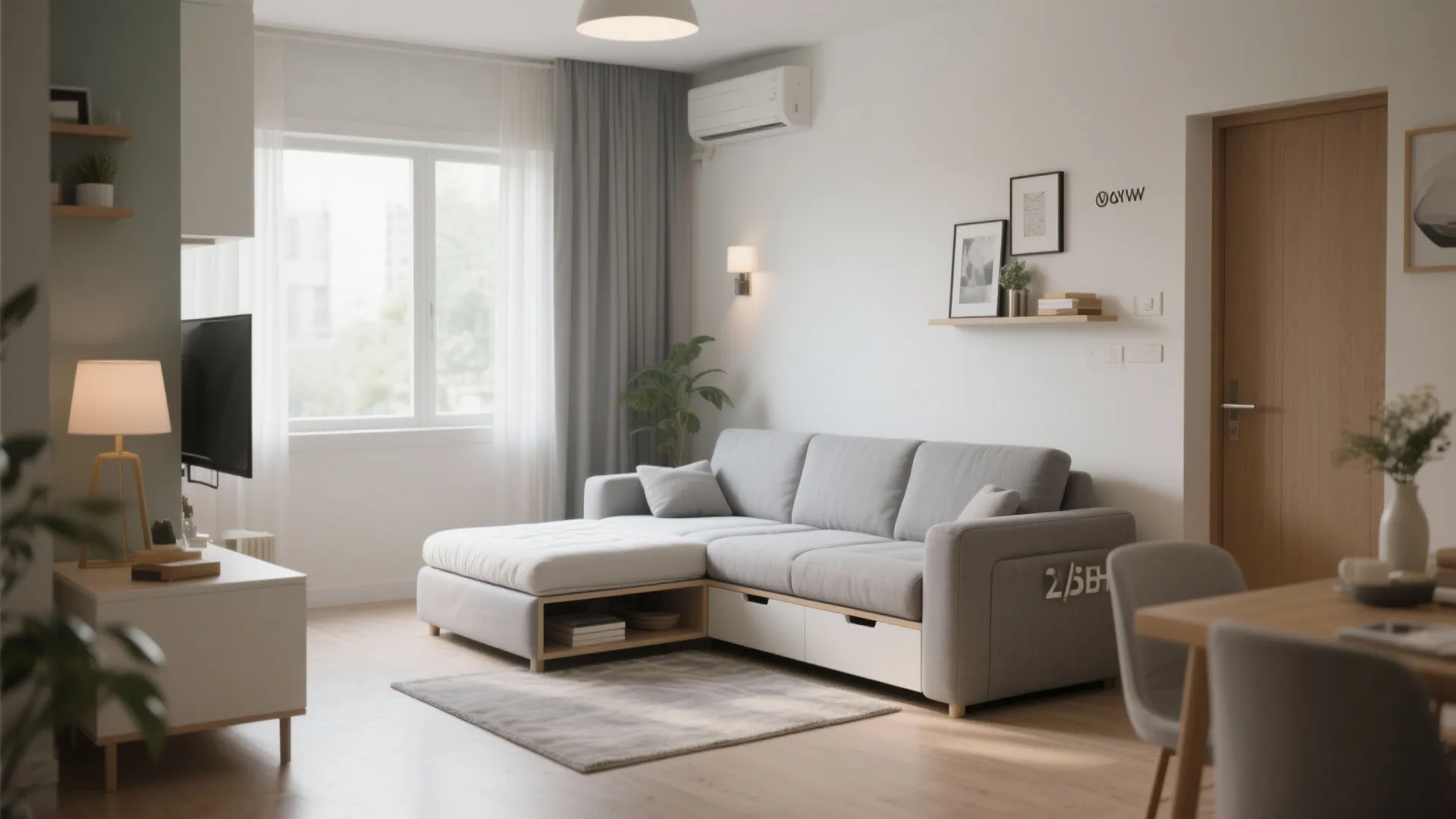 Modern grey sofa with built-in storage drawers in a bright living room with natural light