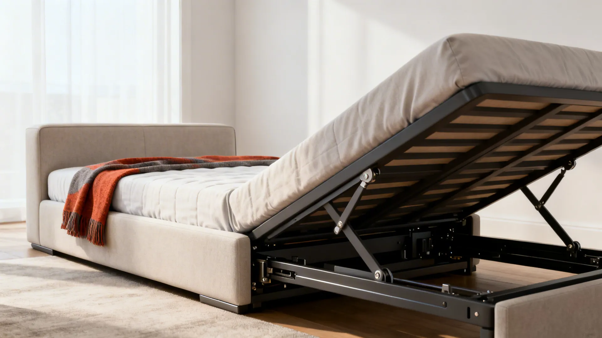 Sleek convertible sofa bed in a small living room partially pulled out to show the mechanism.