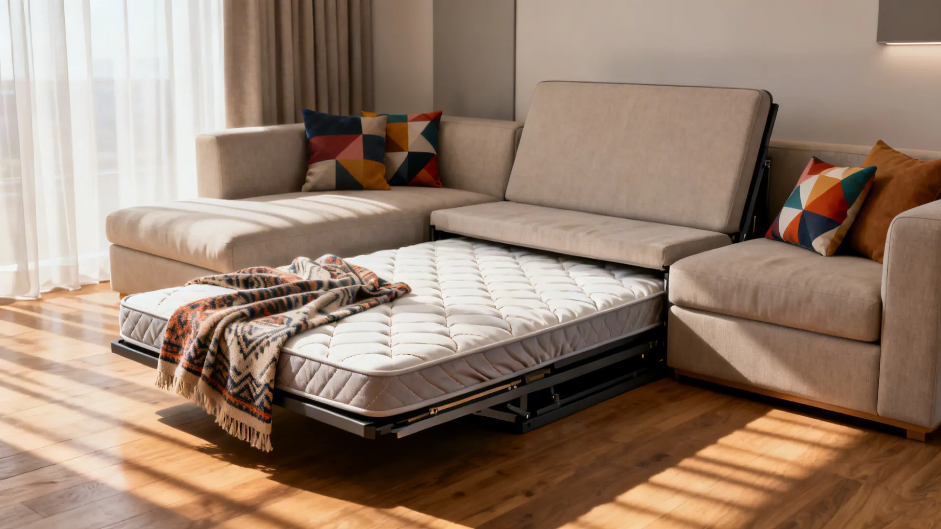 Micro-apartment showing a convertible sofa bed with a mattress topper and patterned throws.