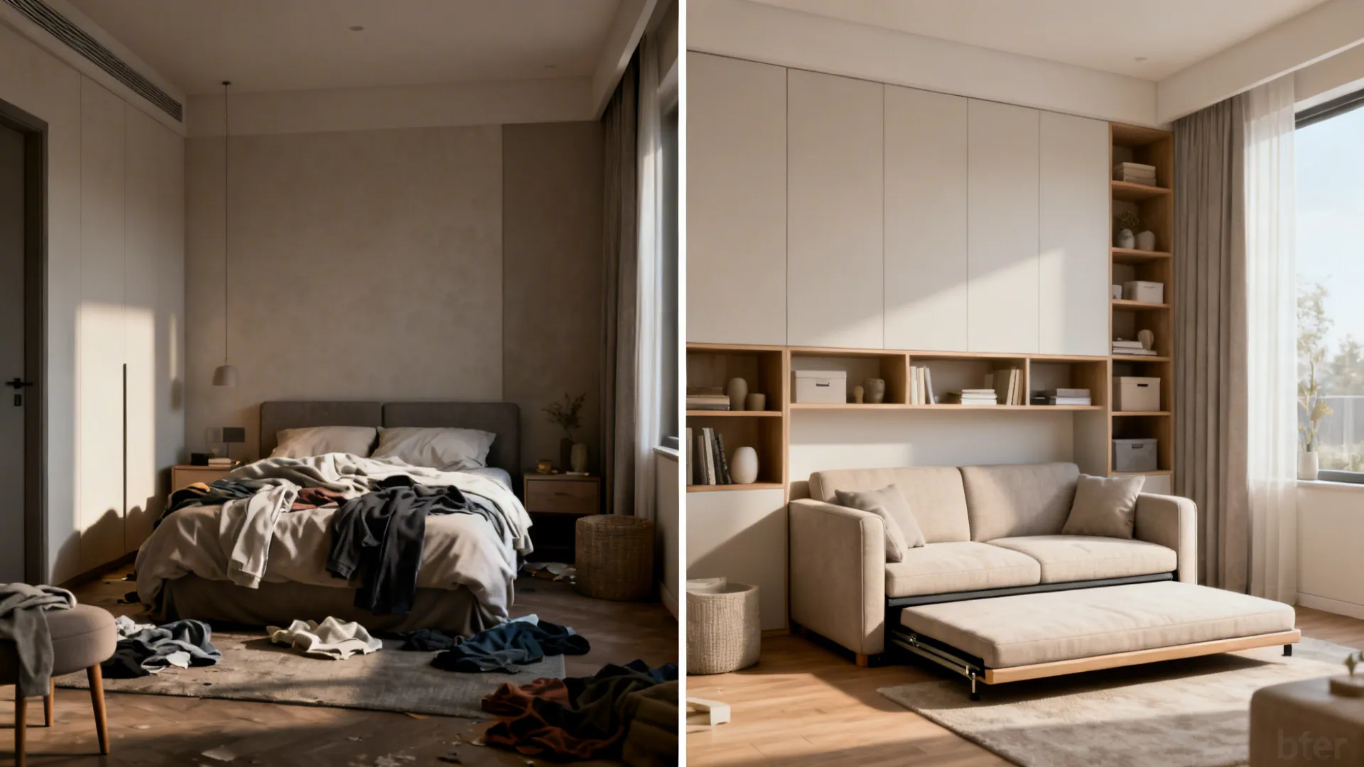 Before and after: small bedroom with convertible sofa at bed end folded and pulled out