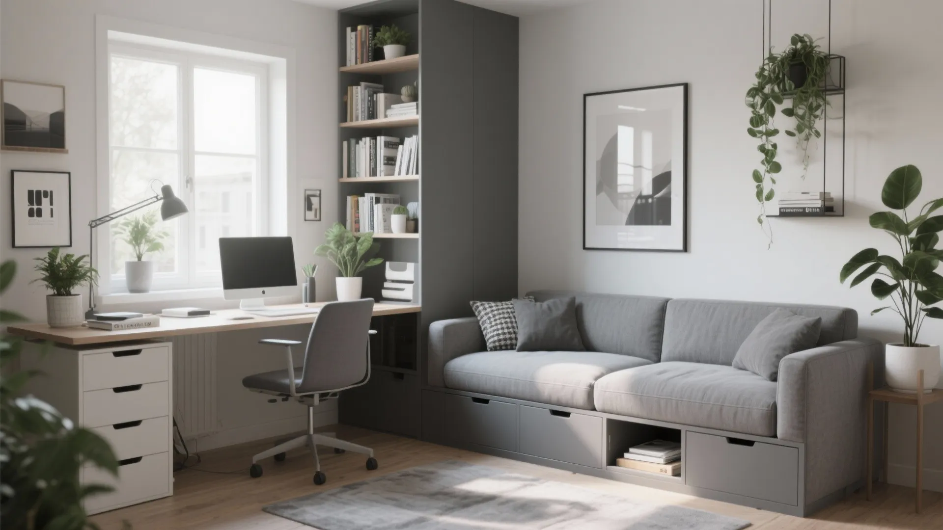 Minimalist study room with wooden desk, grey sofa with storage, tall bookshelf, and green plants