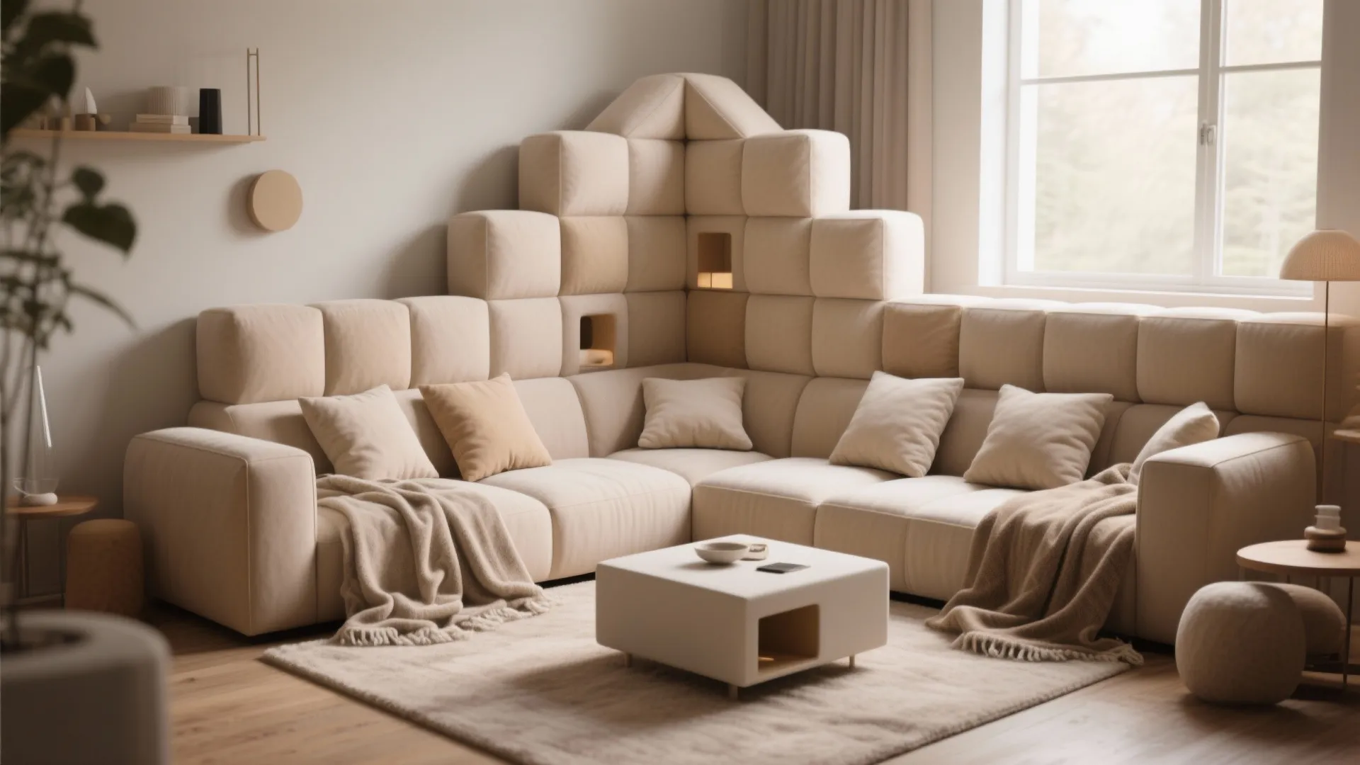 Modern modular sofa set against cream wall with small coffee table rug and large window