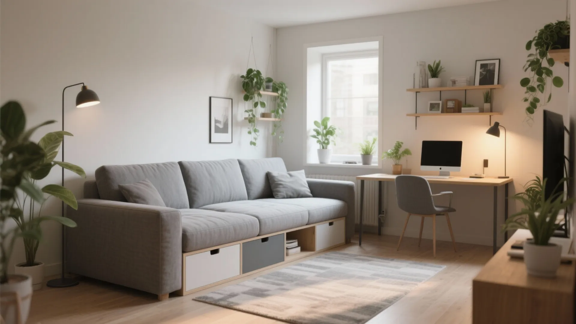 Grey sofa with storage drawers underneath, placed in a bright living room with a desk