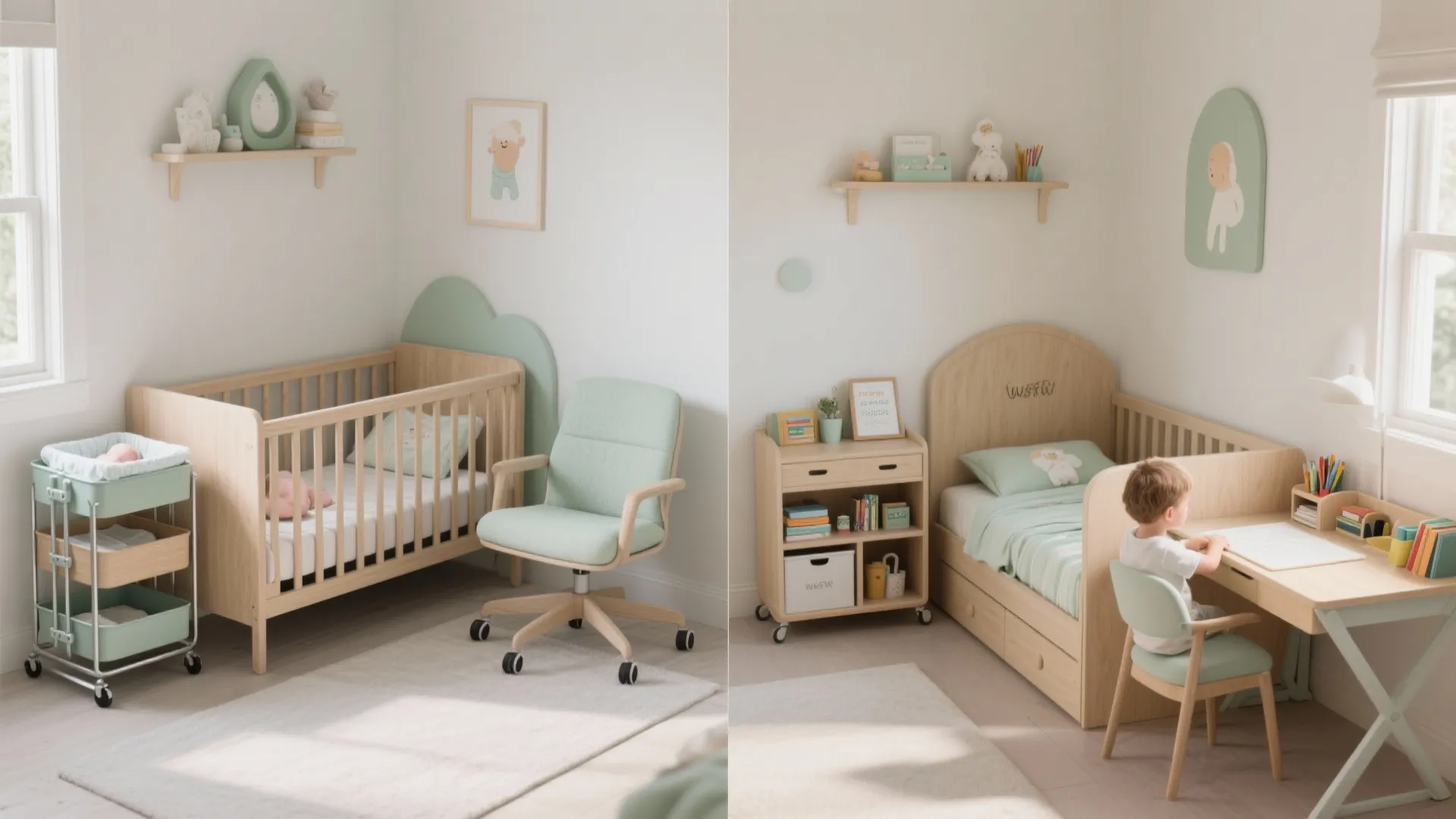 Comparison showing a nursery with a wooden crib and a toddler room with a study desk