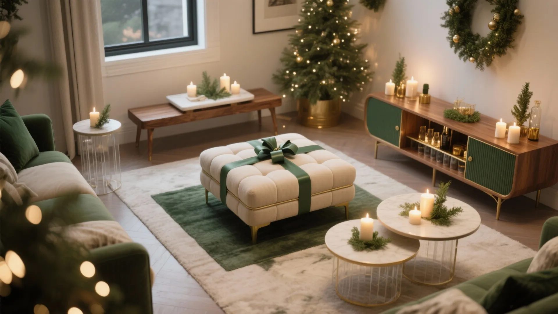 Multifunctional furniture staged for the holidays: ottoman with gifts, bench mini bar, and nesting tables with LED candles.