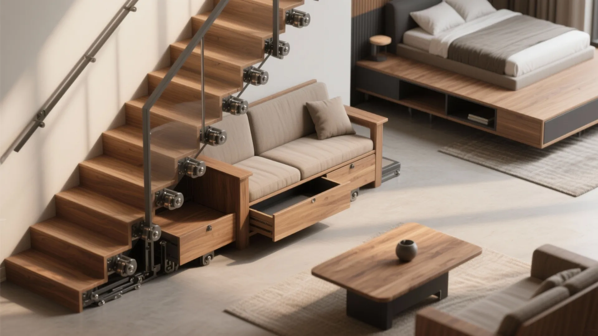 Convertible staircase demonstrating steps that flip into benches and drawers that become furniture in a compact living space.
