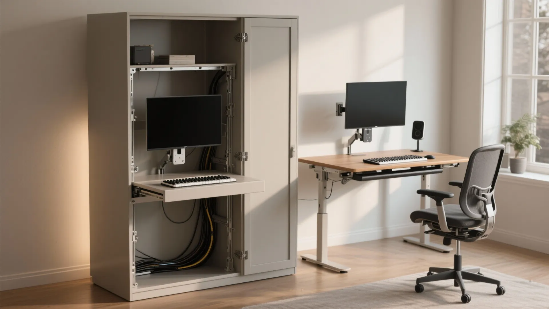 Modern workspace with a height adjustable desk next to a tall cabinet holding a computer