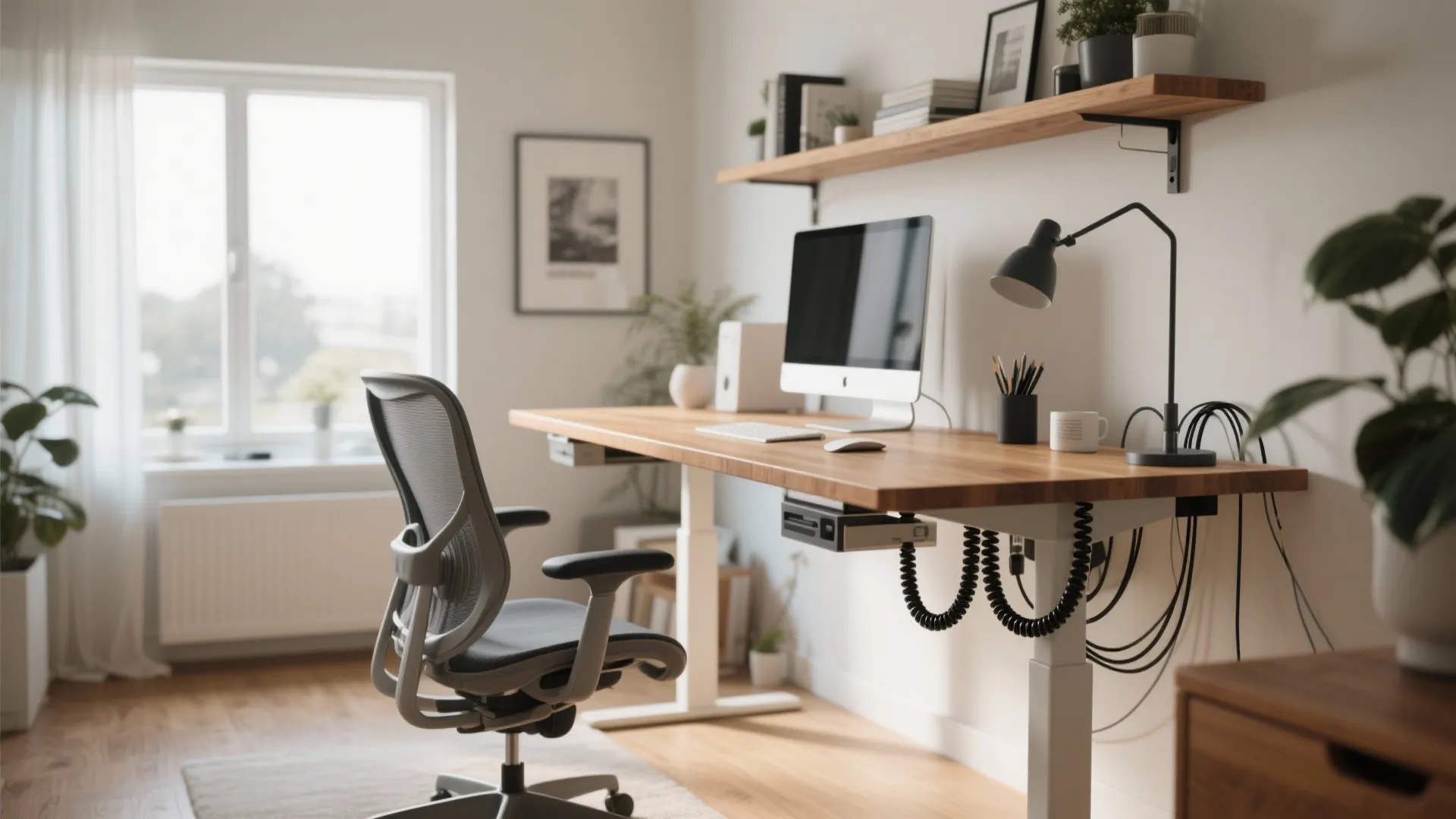 Bright home office with wooden adjustable standing desk, mesh chair, computer, and wall mounted shelving