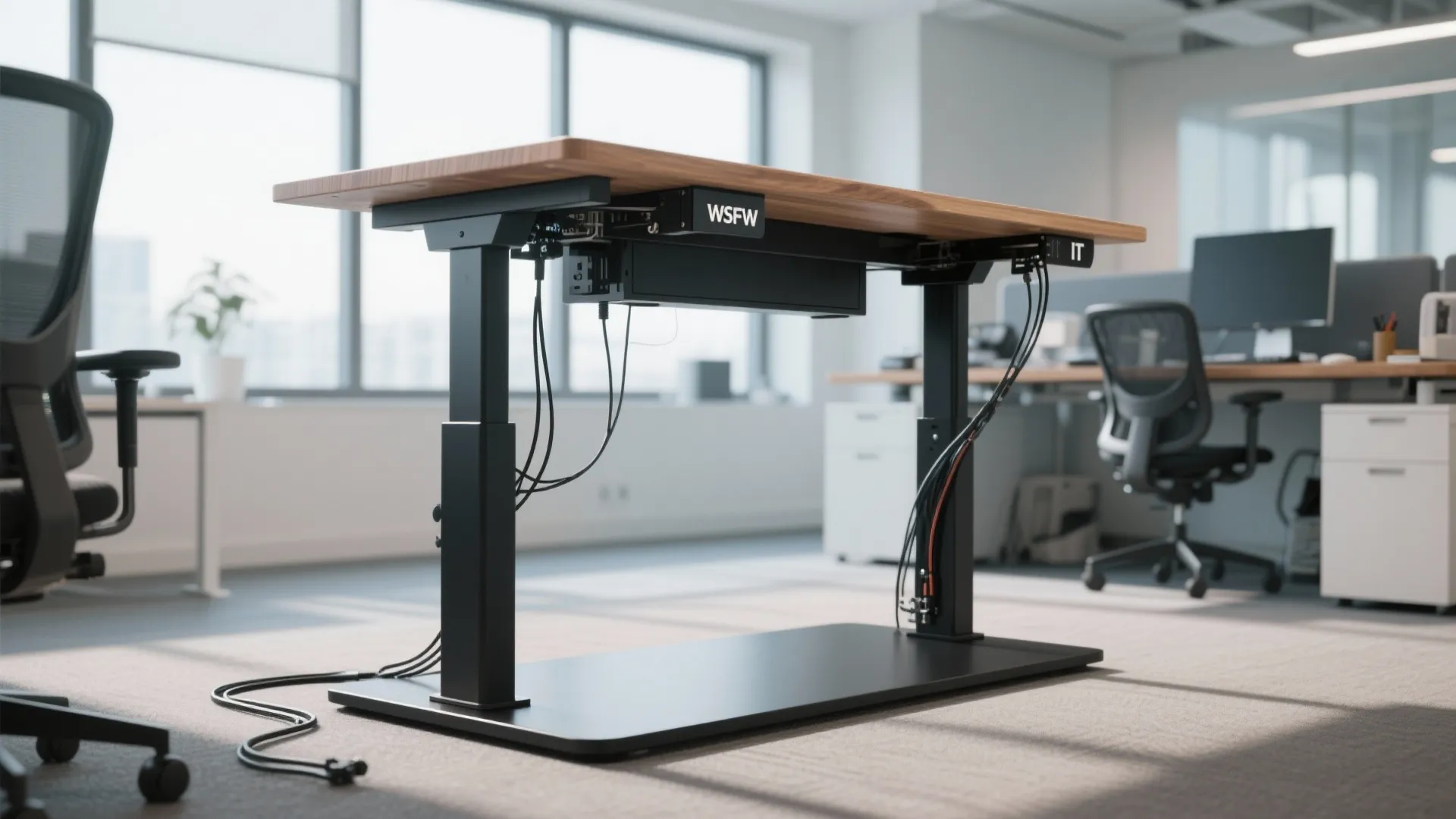 IT办公室中可调节高度的站立办公桌，现代简约