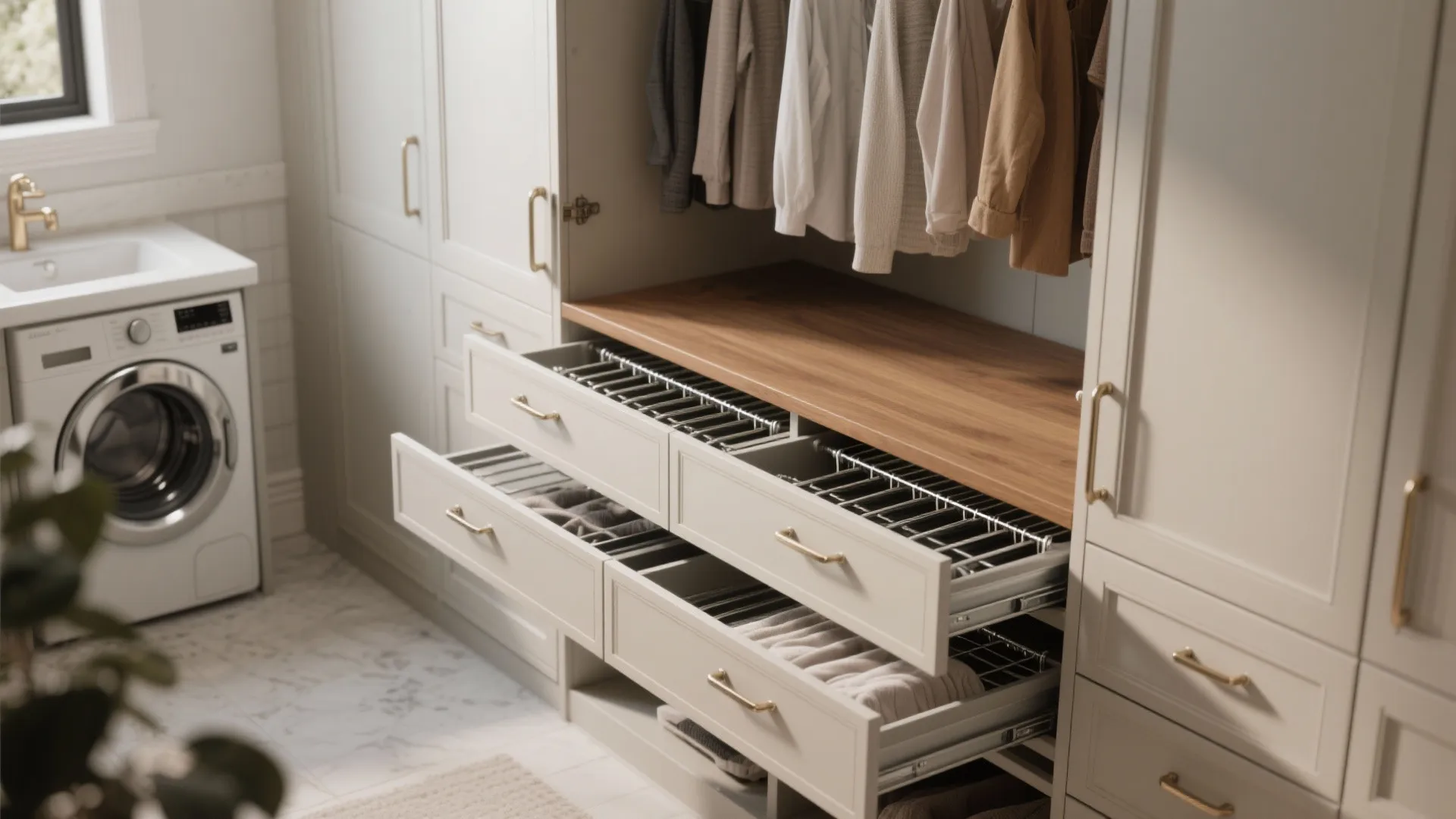 Cabinet opening to reveal pull-out drying racks and a wooden folding top.