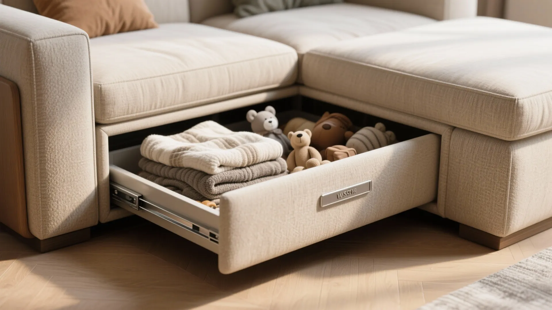 Pull out storage drawer under a beige sofa filled with folded blankets and small soft toys