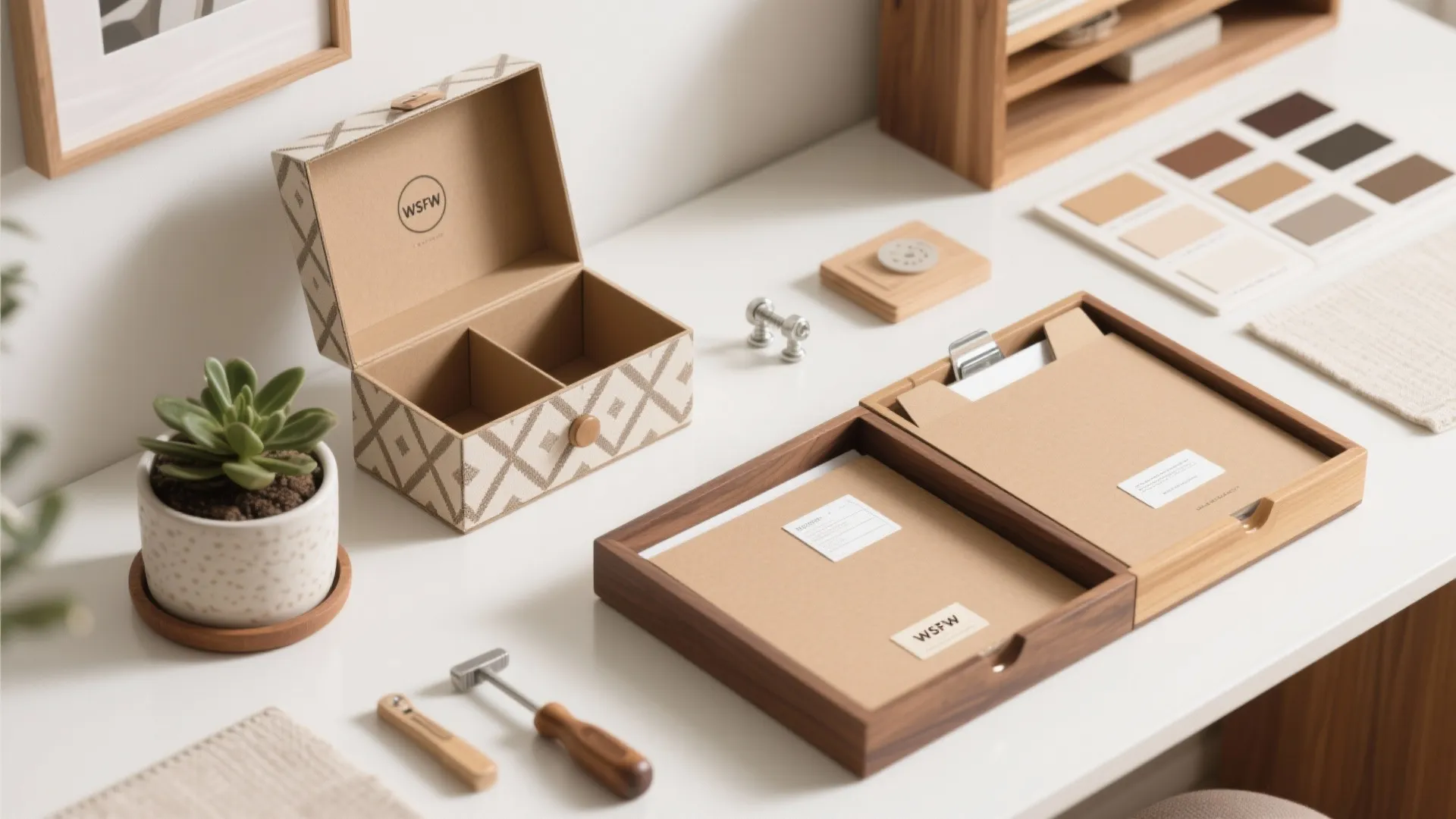 Organized white desk with wooden storage boxes green plant color samples and small hand tools