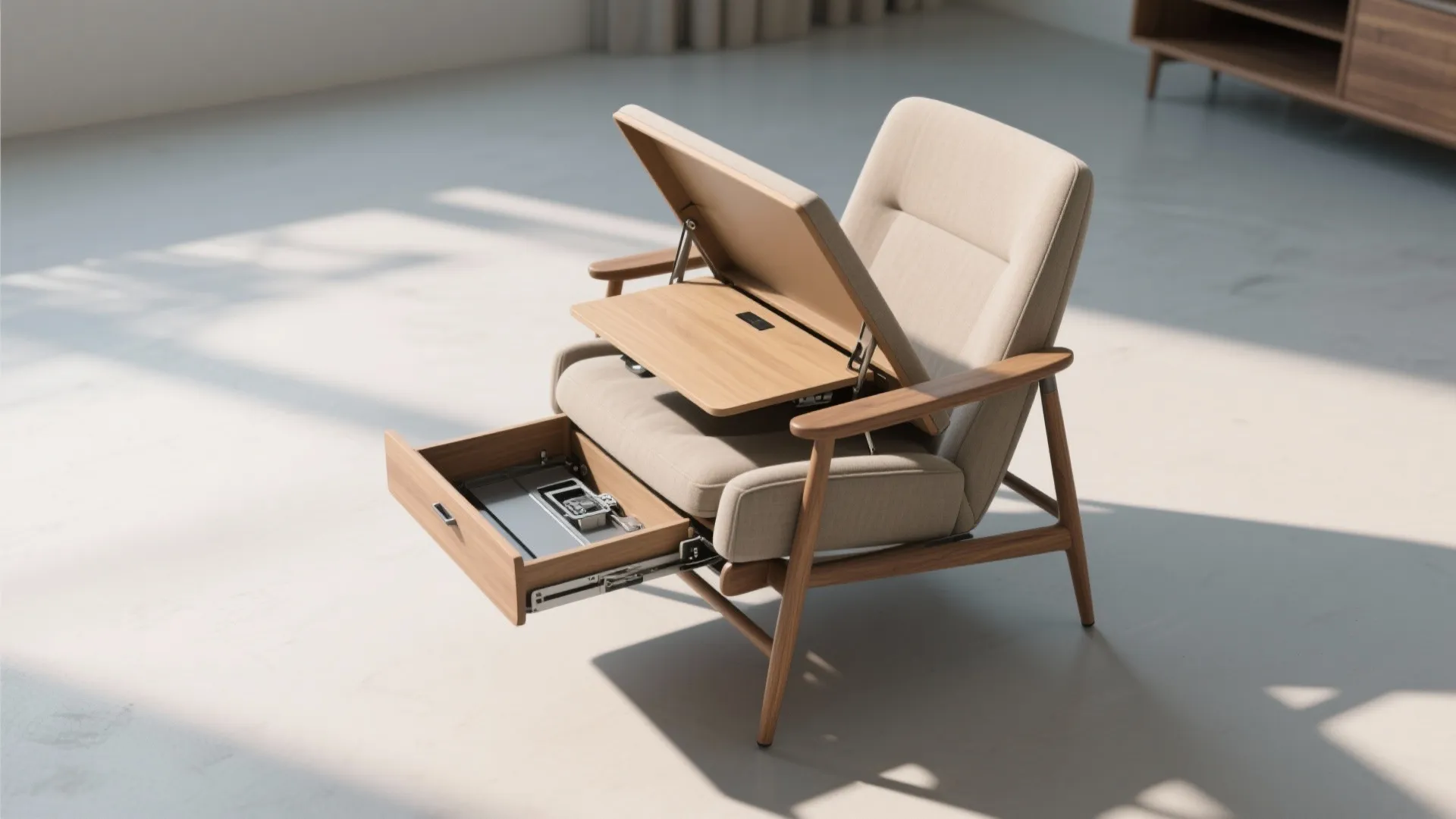 Wooden armchair with a pull out storage drawer and built in folding wood laptop tray