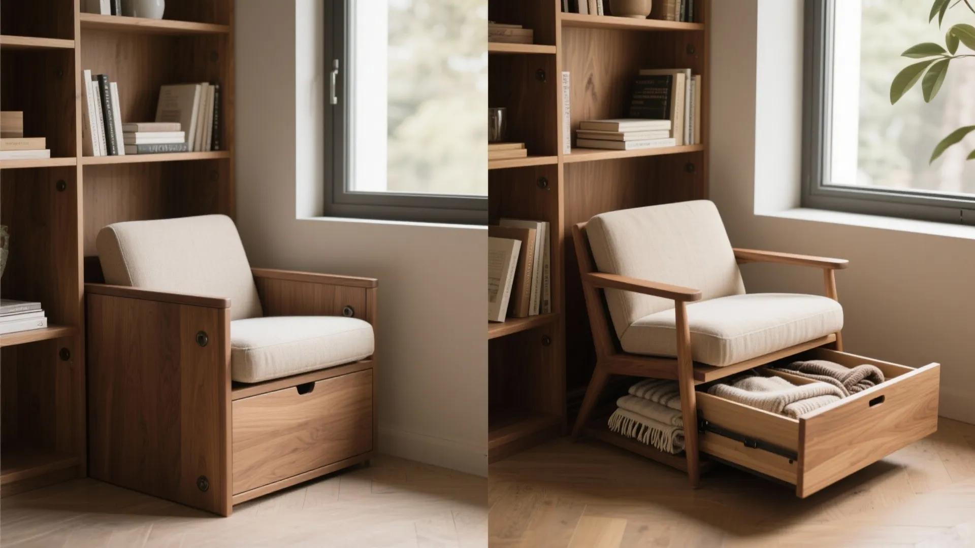 Modern wood armchair with a large storage drawer pulled out showing blankets and books inside