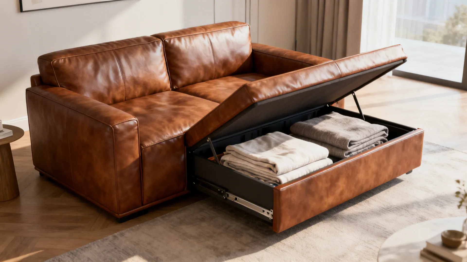 Convertible small leather sofa opened slightly to show under-seat storage with linens