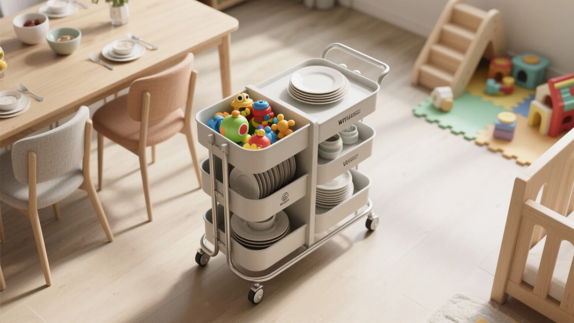White rolling storage cart holding plates and colorful toys in a bright modern dining room