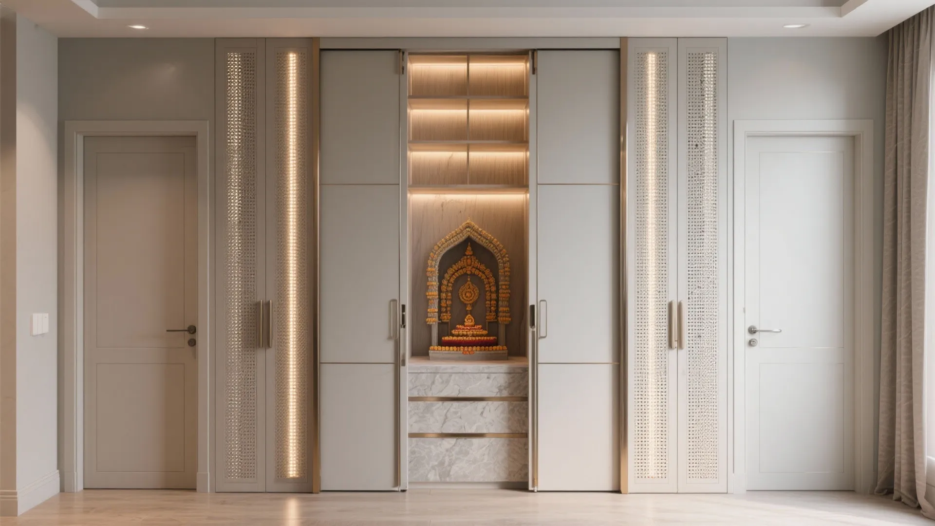 Hidden pooja niche inside a full-height storage wall with bi-fold doors and vertical LEDs.