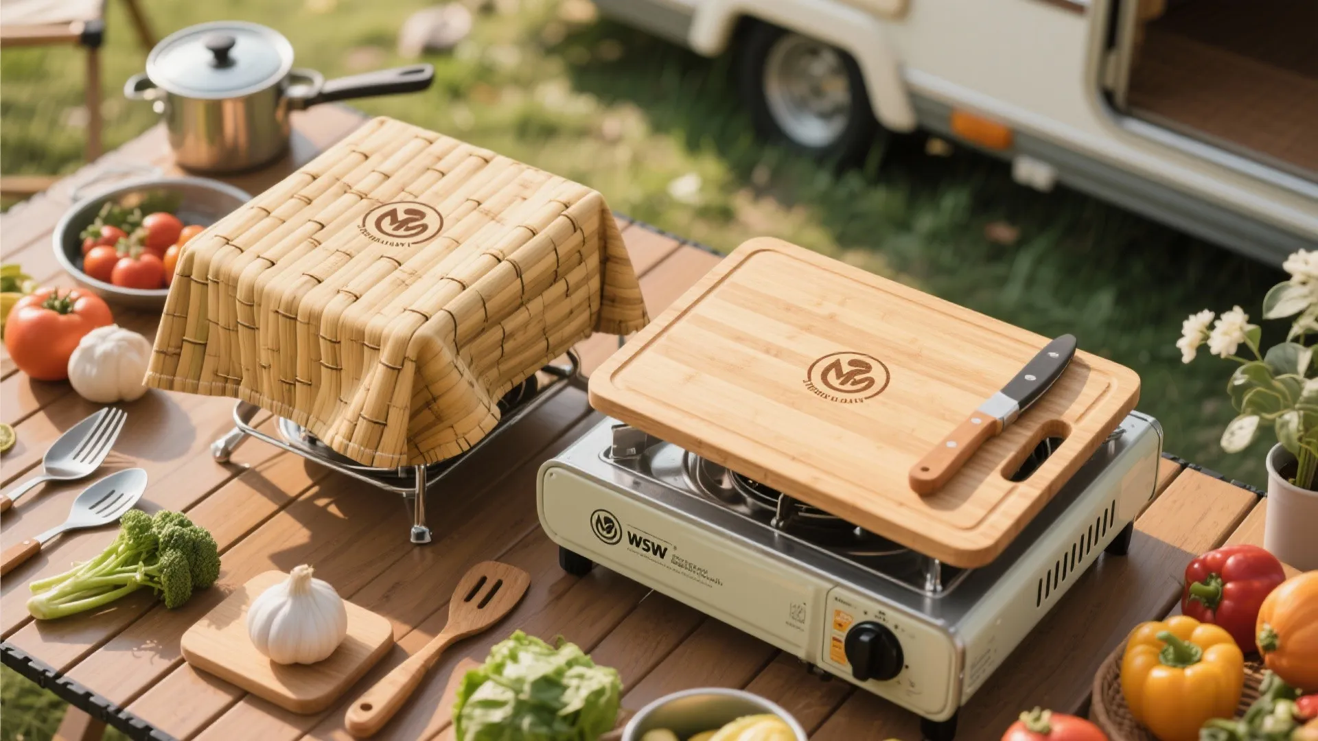 Bamboo stove cover doubles as cutting board