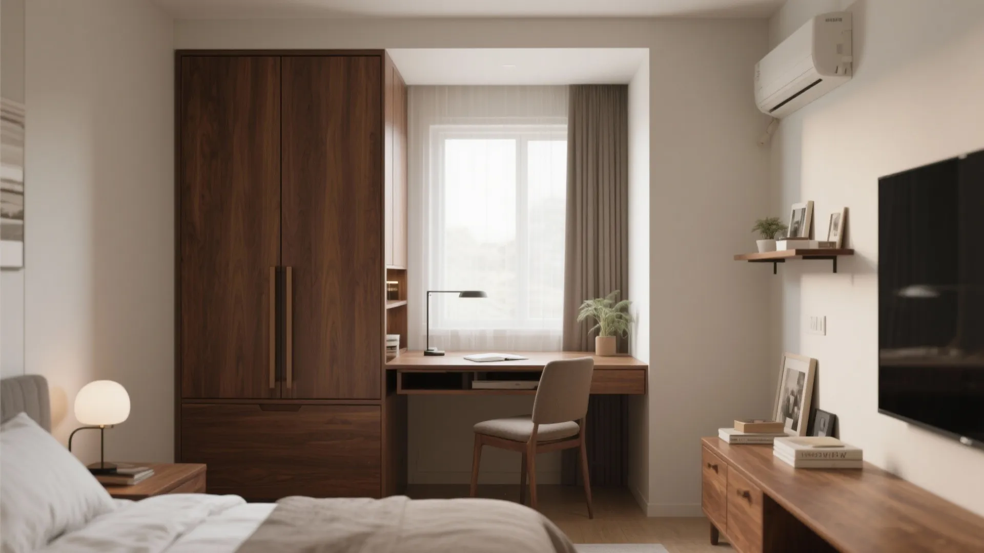 Bedroom with a dark wood wardrobe a desk near the window and a wooden cabinet