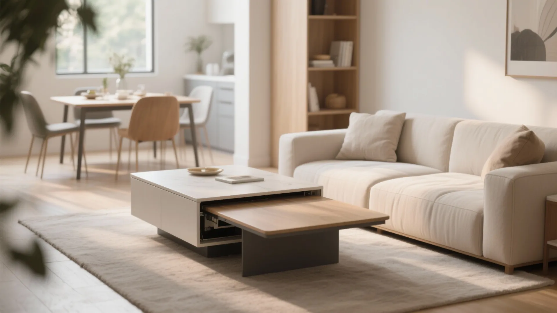 Functional living room showing white sofa and convertible wooden coffee table with hidden storage space design